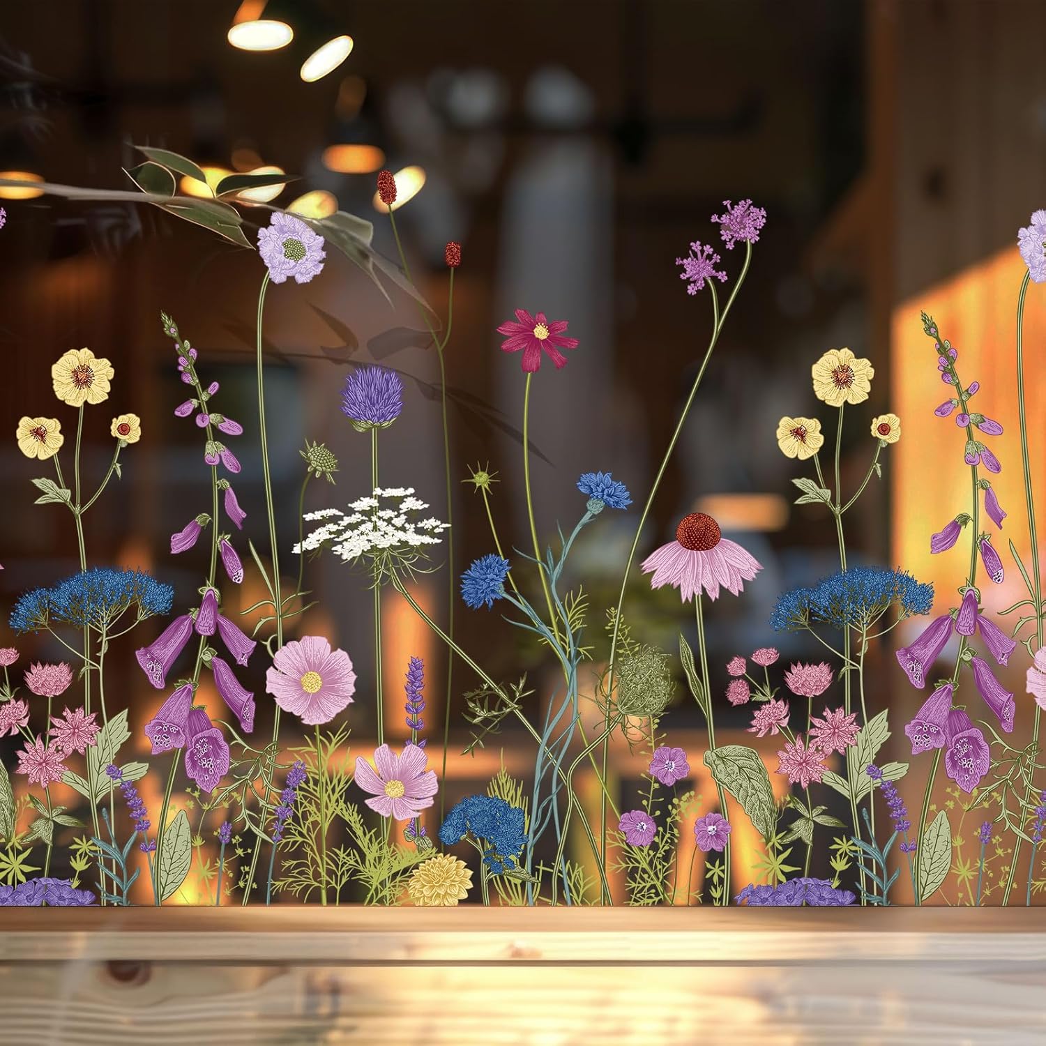 FYSUIMU Spring Wildflower Window Cling Vintage Floral Botanical Reusable Window Decal Border for Retail Storefront Display Home Office Cafe Store Decor