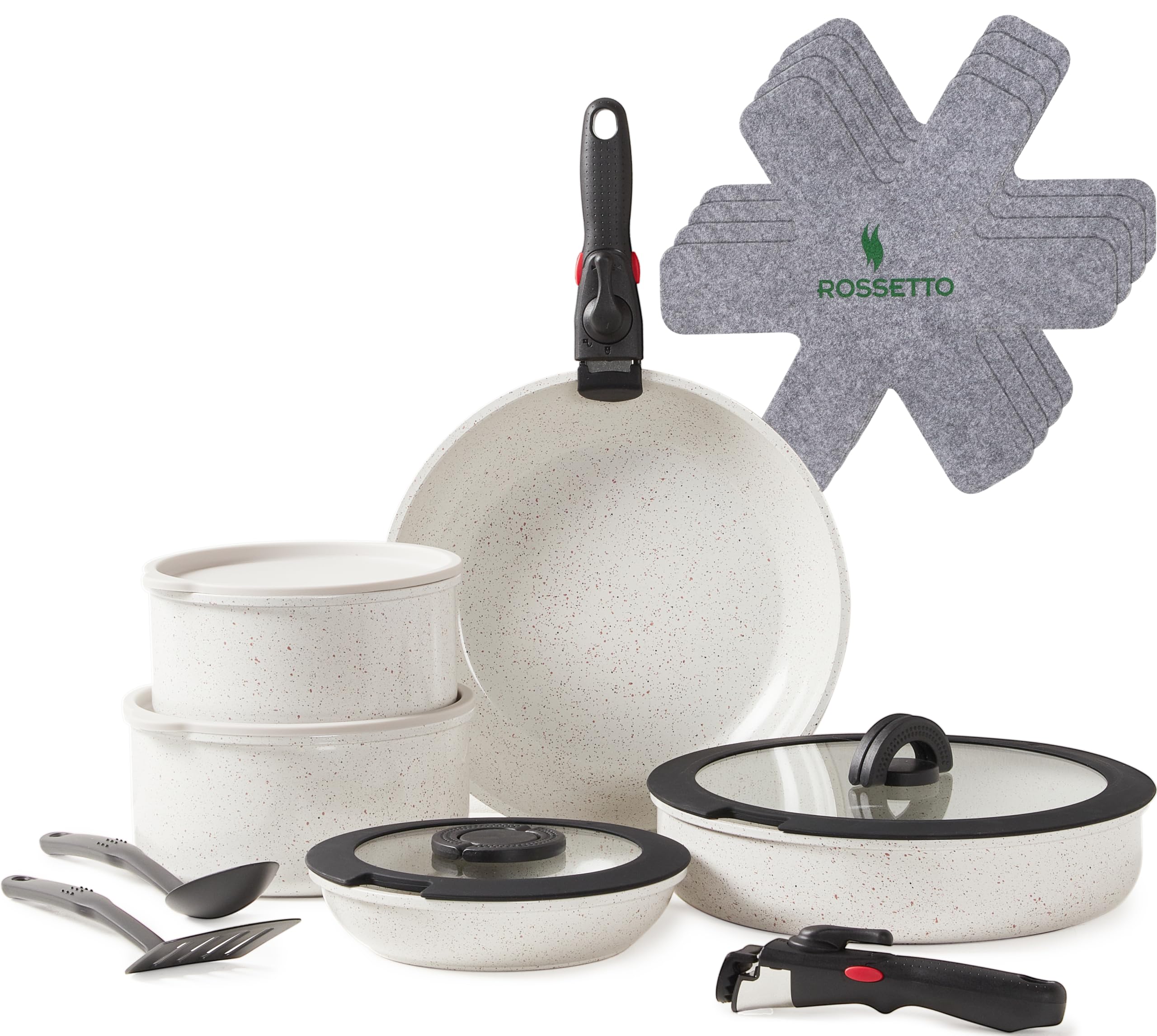 ROSSETTO Batterie de Cuisine, Set de casserole poele induction avec poignée amovible et revêtement anti-adhésif en céramique, empilable Set de casseroles (Gris Cendré, 15 pièces)
