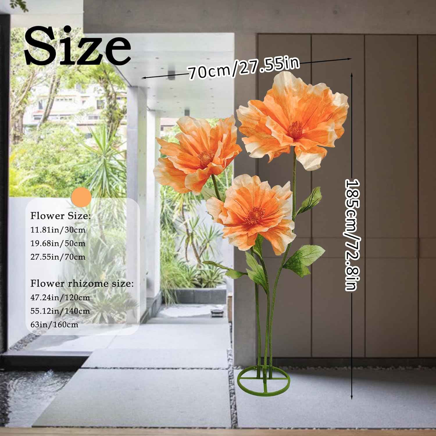 3PCS Giant Peony Artificial Flower - 3D Orange Realistic Foldable Fake Flowers Waterproof, Garden Home Shopping Mall Event Weddings Christmas Graduation Party Decorations
