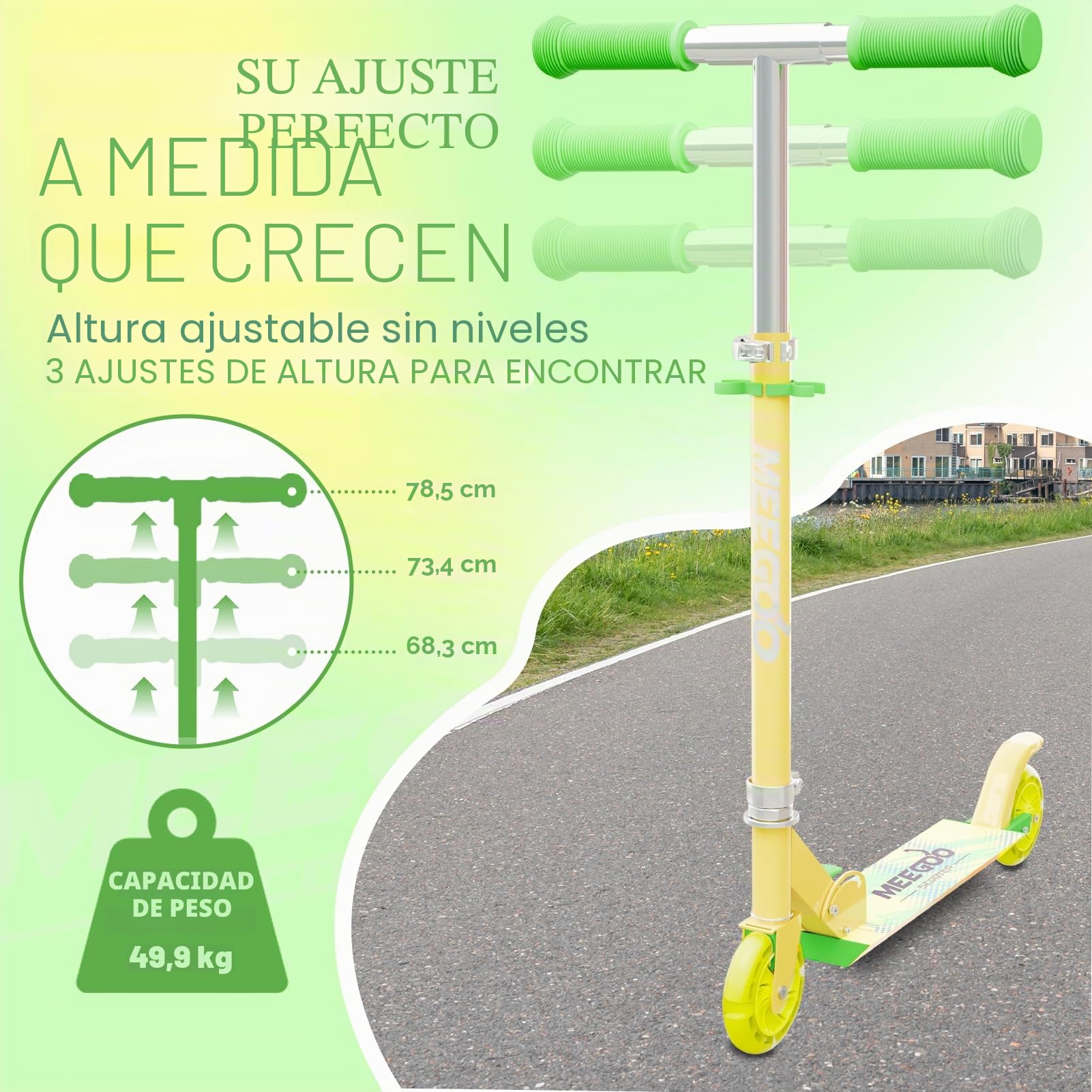 MEE GOO Patinete infantil de aluminio, plegable, altura ajustable, con freno de mano y campana, para niños de 8 años y despertar