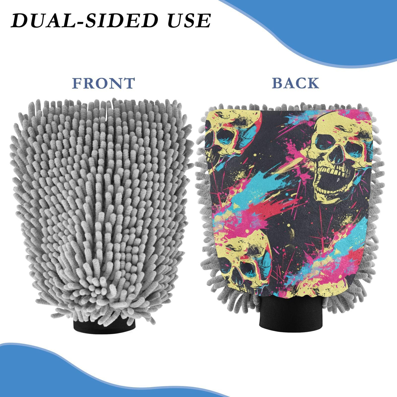 IOACIY Absorbent Microfiber Car Wash Drying Mitts, 2 Pack, Scratch-Free & Lint-Free, Rich Foam, Highly Absorbent, Double Sided, Wash Mitt Perfect for Car Washing, L, Skull (7)