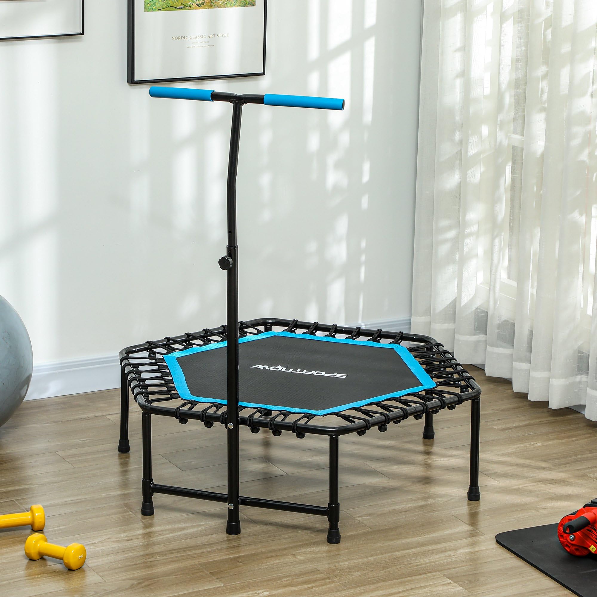 SPORTNOW Trampolín de Fitness 114x114x132 cm Cama Elástica Fitness con Mango Ajustable de 3 Niveles Marco de Acero para Entrenamiento Piernas Cuerpo en Hogar Oficina Gimnasio