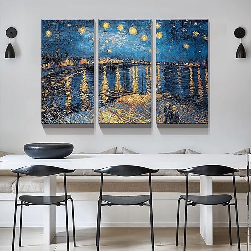 Miniatura 5 de Denozer - Lienzo decorativo para pared de 3 paneles - Noche estrellada sobre el ródano por Vincent Van Gogh - Impresión giclée de galería, arte