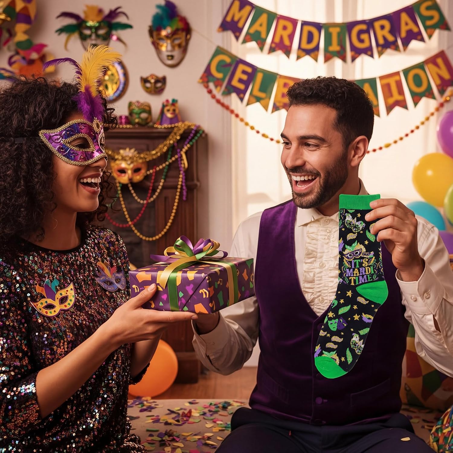 Janmercy 6/10 Pair Mardi Gras Socks Gift for Women Men Funny Novelty Contrast Color Mask Clown Crew Sock Mardi Gras Gift - Image 2