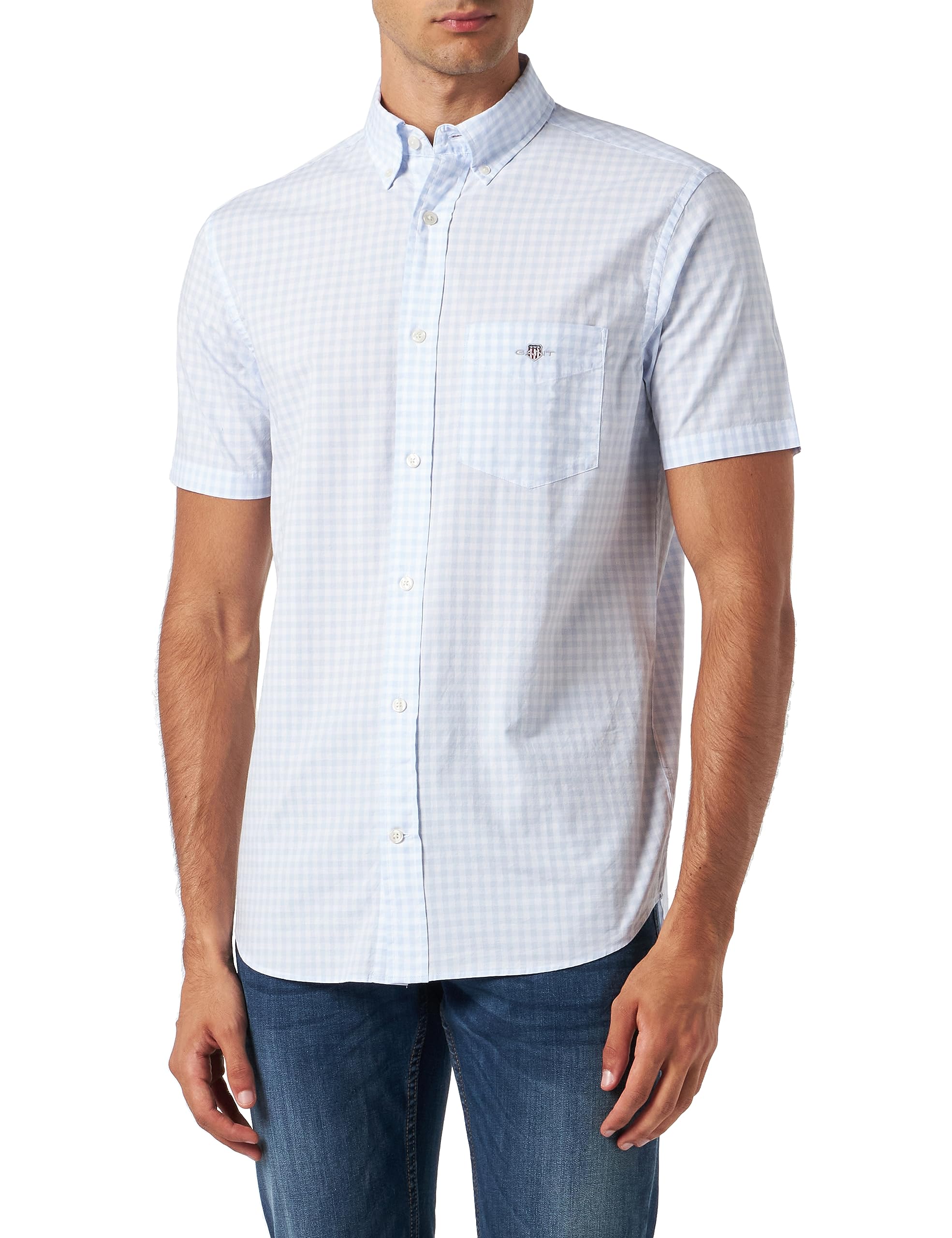 GANT Mens Poplin Gingham Short Sleeve Shirt Light Blue XL