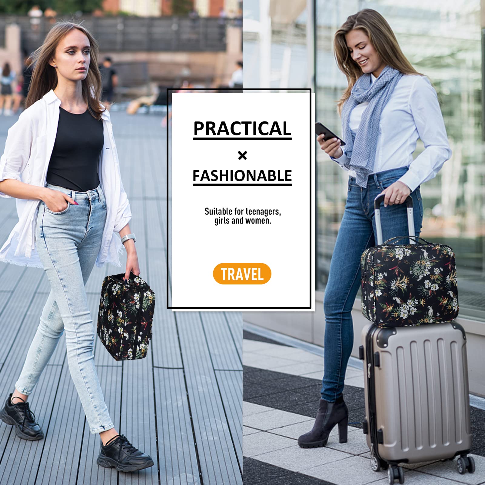 Gloppie Neceser de maquillaje para mujer, XXL, para colgar, organizador de viaje, Negro - Patrón floral blanco, XXL, Maletín de cosméticos