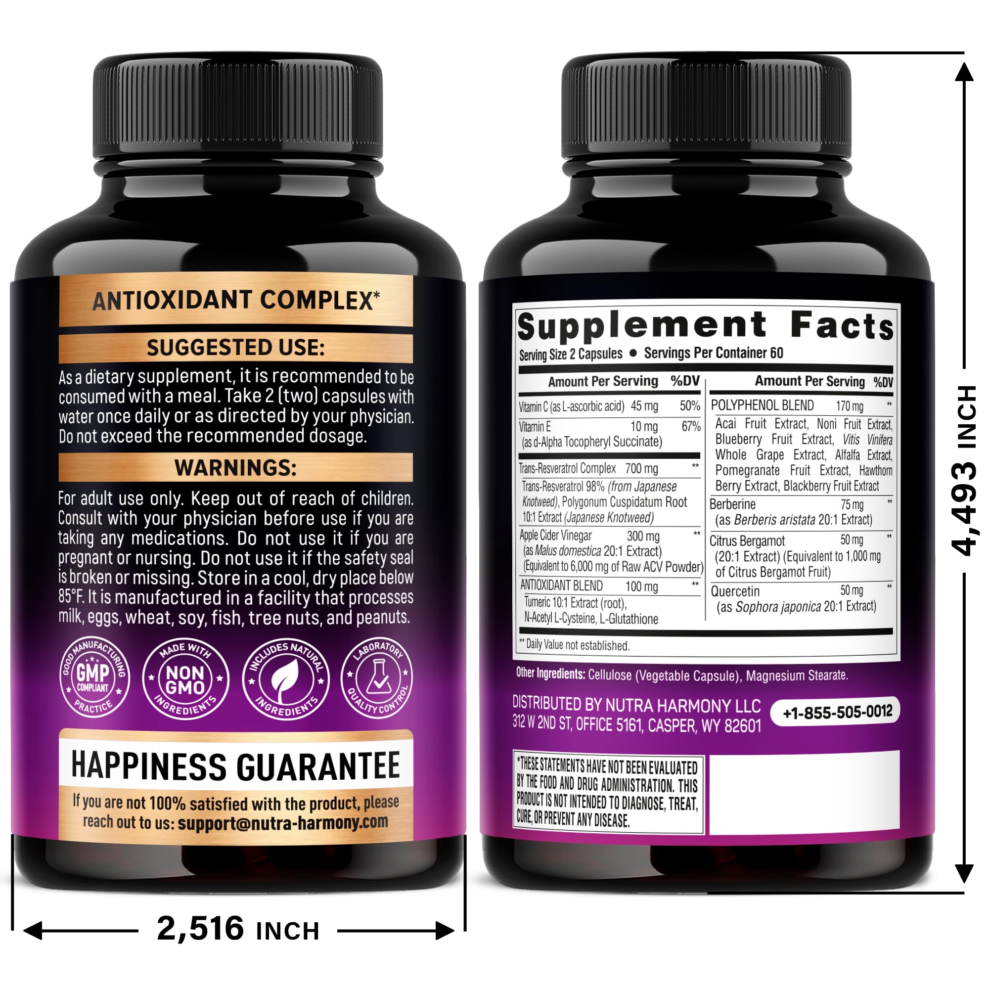 Resveratrol Supplement - 19-in-1 Organic Polyphenol Complex - Noni Extract | Berberine | Quercetin | Apple Cider Vinegar | Acai - Made in USA - Antioxidant & Heart Health Support - 120 Capsules