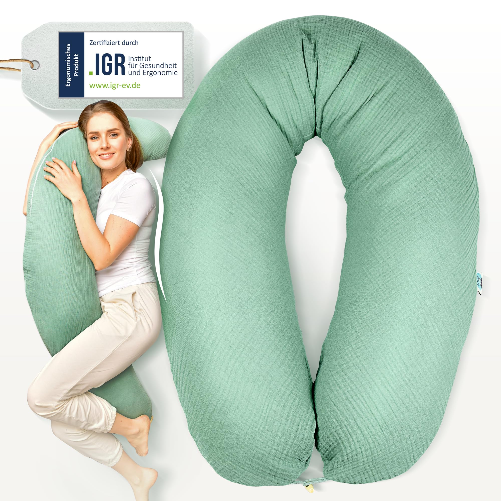 sei Design Stillkissen XXL Set Mikroperlen-Füllung Musselin-Bezug + noch 1 X Stillkissenbezug aus Bio Baumwolle, ergonomisches Schwangerschaftskissen Seitenschläferkissen Babynestchen