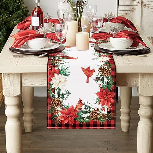 Miniatura 8 de Bonhause Camino de mesa cardenal rojo navideño de 13 x 72 pulgadas, pájaro en rama de pino estacional, invierno, vacaciones, cocina, comedor,