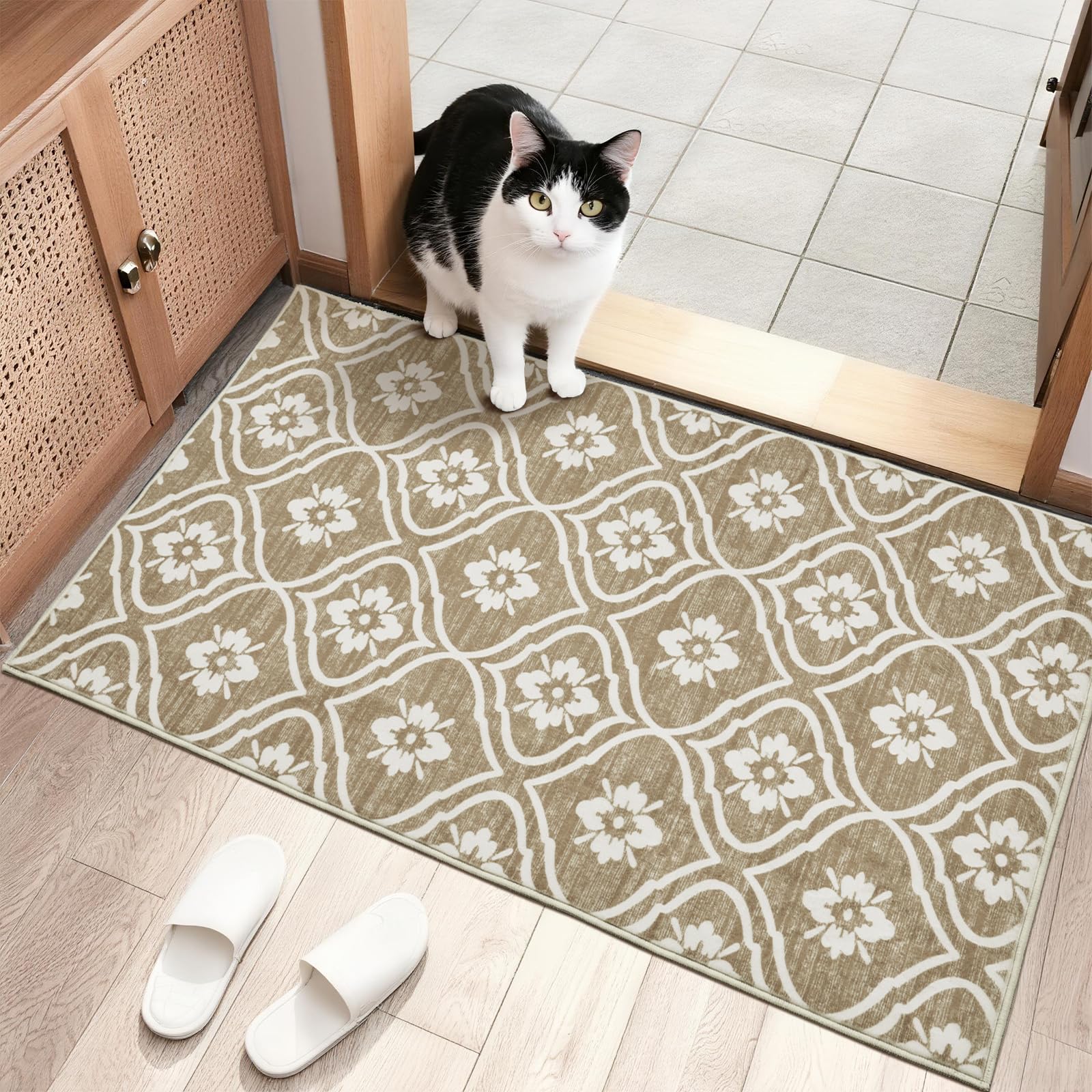 Puremy Waschbarer Kleiner Küchenteppich 60X100cm, Fussmatte Innen, Ultradünner Teppiche Mit Marokkanischem Muster, Schmutzabweisend Für Flur, Kinderzimmer, Waschküche, Schlafzimmer, Beige