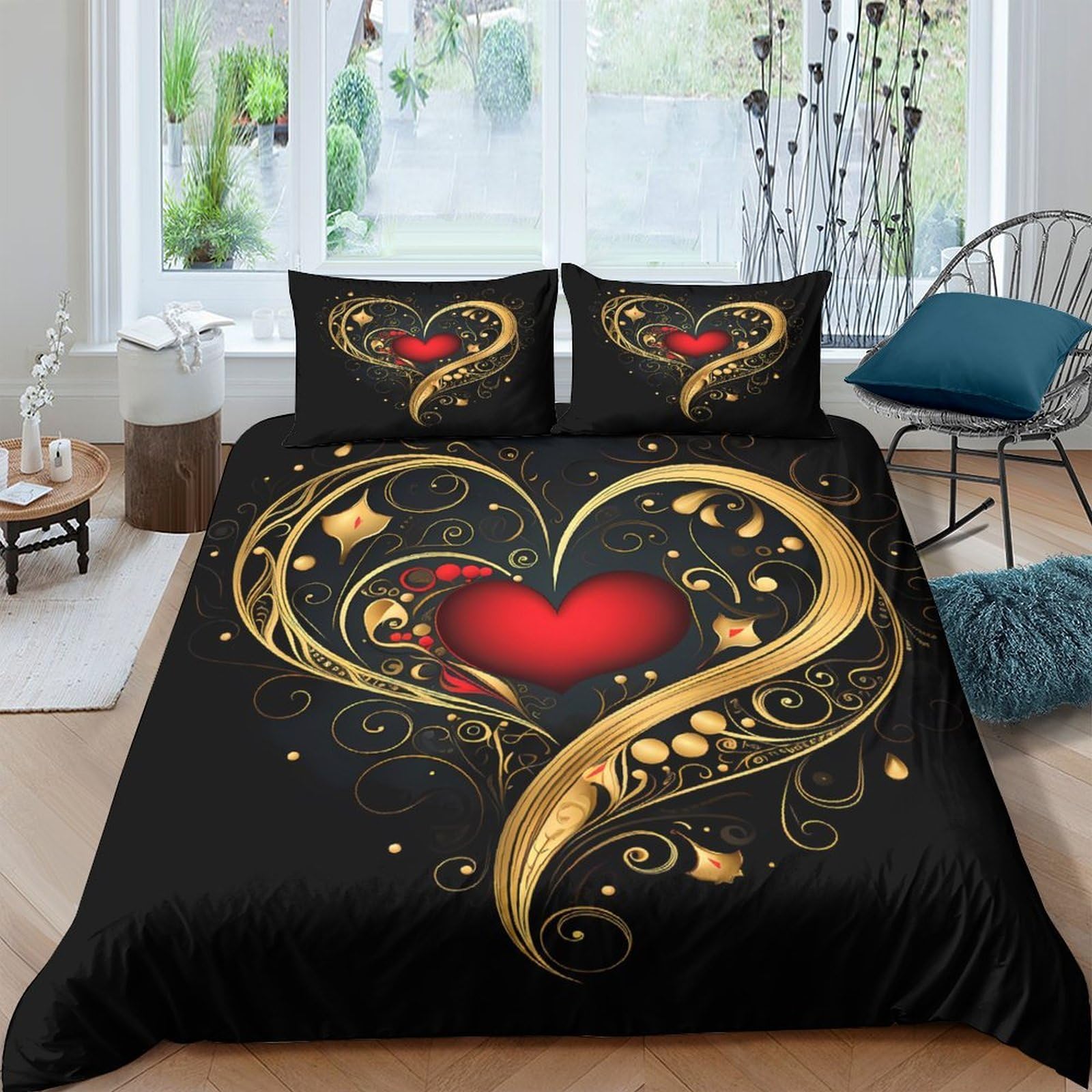 Ctjqhvkz Style-5 3D Printed Golden Heart Fitted Sheet Microfiber Soft Black Red Artistic Bed Cover For Bedroom Guest Room Decor Single（135X200cm）