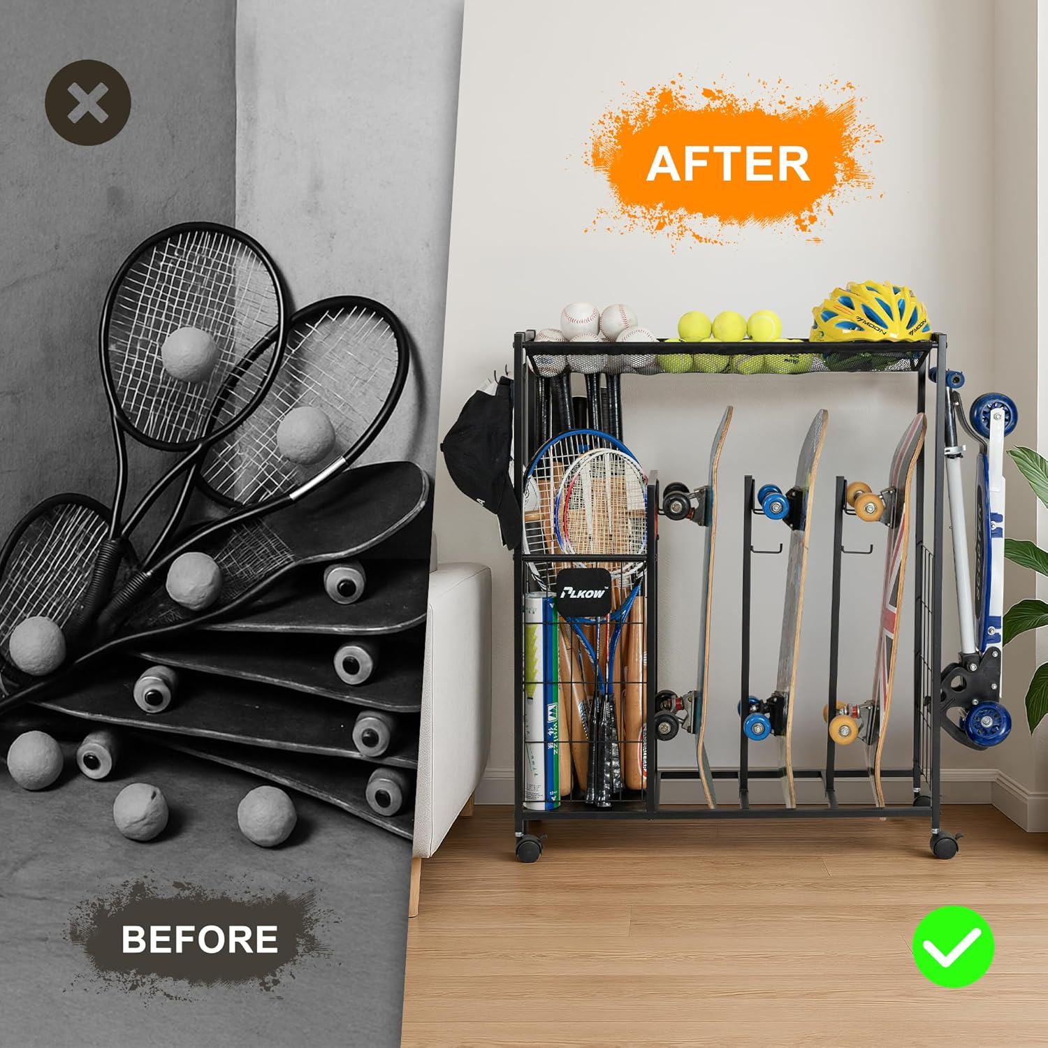 PLKOW Skateboard Storage Rack with Wheels, Sports Organizer for Skateboards, Scooters, Balls, Helmets and Sports Gear, Heavy Duty Sports Storage Rack for Garage, Home or School Use image 6 of 8 B0F8H9KCCW