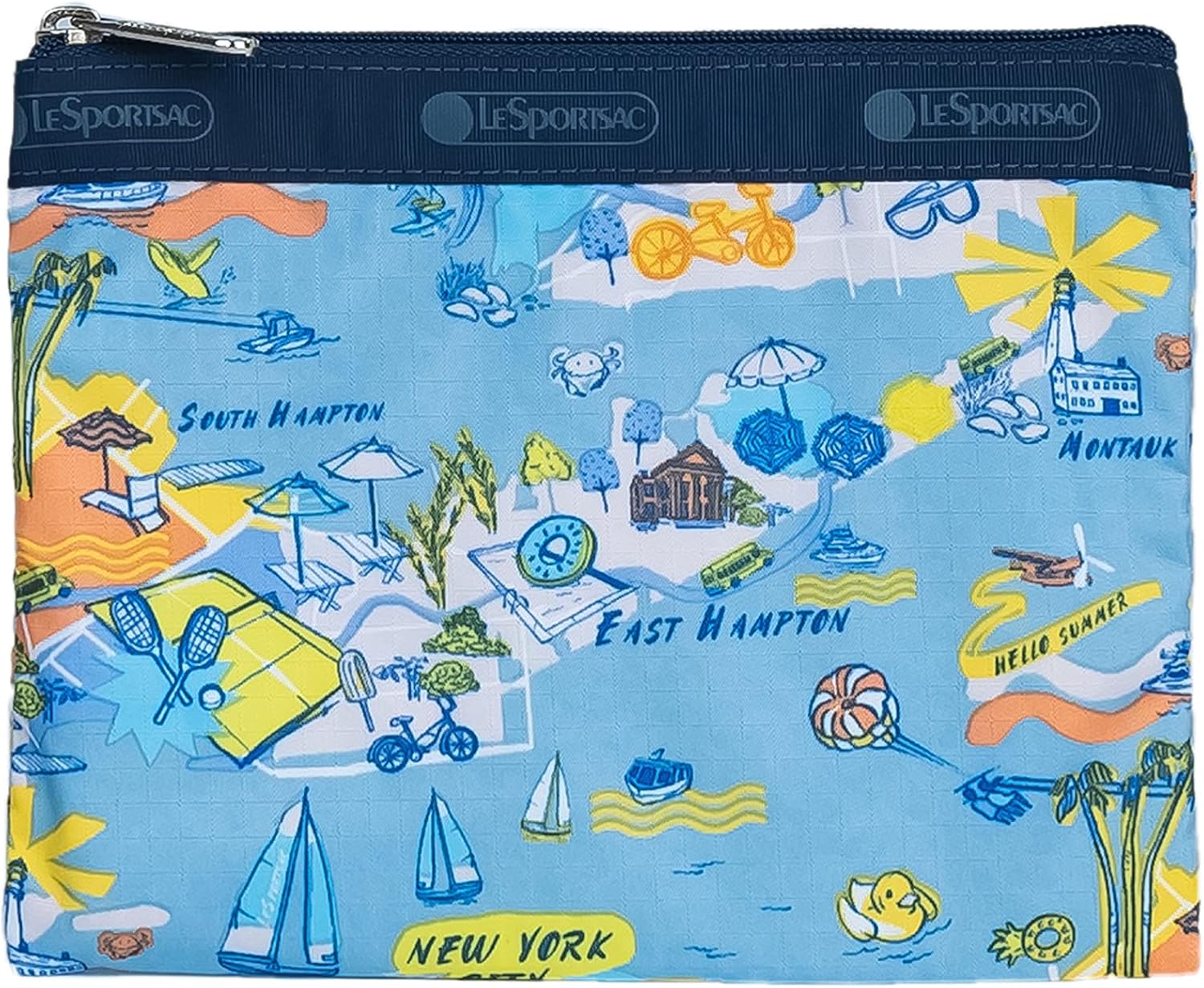 LeSportsac City Retreat Classic Hobo Crossbody Bag + Cosmetic Bag, Style 7520/Color F953, Ultimate New York City & Hamptons/Montauk Iconic Graphic Design: Beaches, Tennis, Boating, Jitney & Bicycling