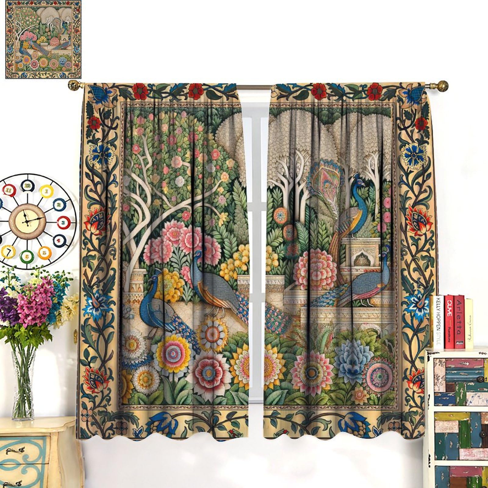 Amazon｜William Morris カーテン 水彩 ヴィンテージ 孔雀 花 ボーホー