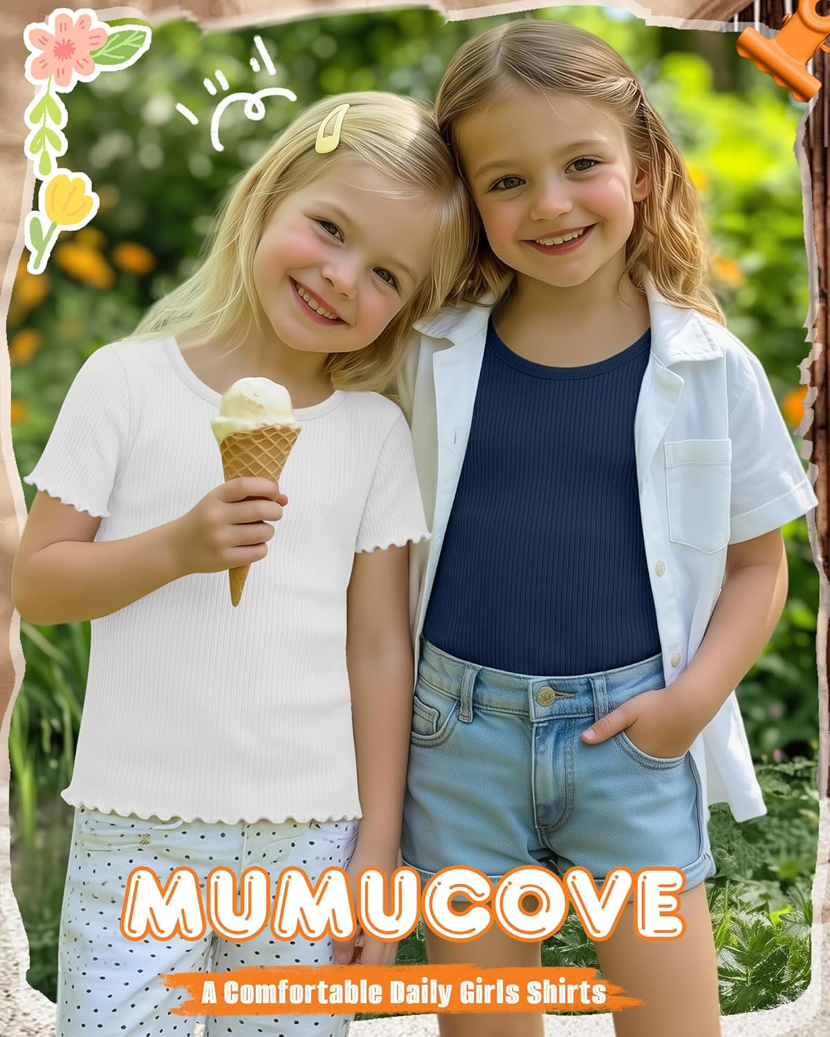 3 Pack Girl's Ruffle Short Sleeve Shirts Ribbed Knit Crew Neck Casual Basic Tees 5-14 Years - Image 4