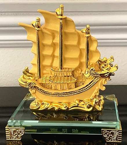 Miniatura 5 de Betterdecor Feng Shui Gold Dragon Sailing Ship (barco) Estatua para el hogar y la oficina Decoración para el éxito y la fortuna