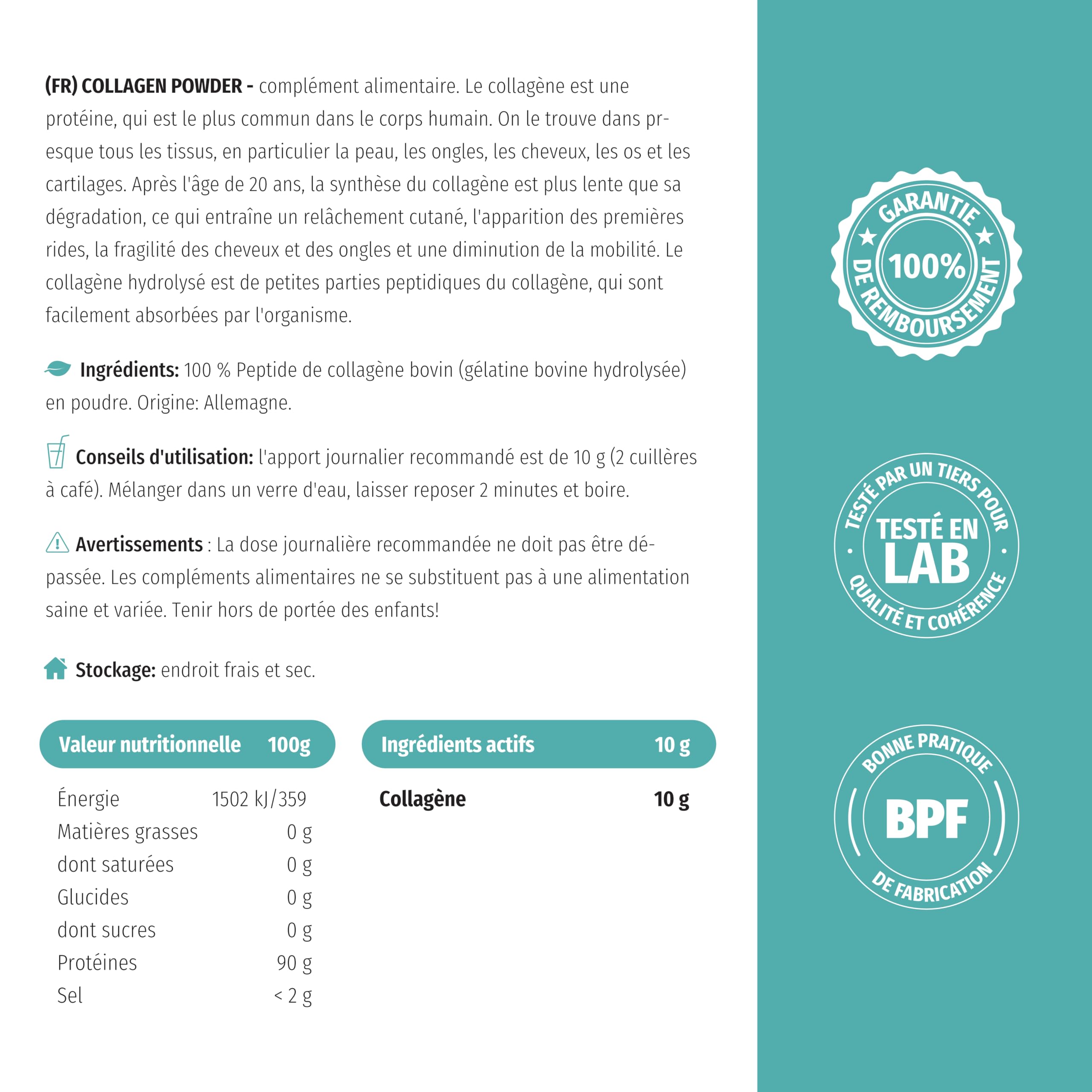 Nature's Finest by Nutrisslim Collagène en Poudre Hydrolysé 100% Naturel, Collagène Bovin Pur Sans Additifs, Optimise l'Absorption - Sans Édulcorants ou Arômes Artificiels