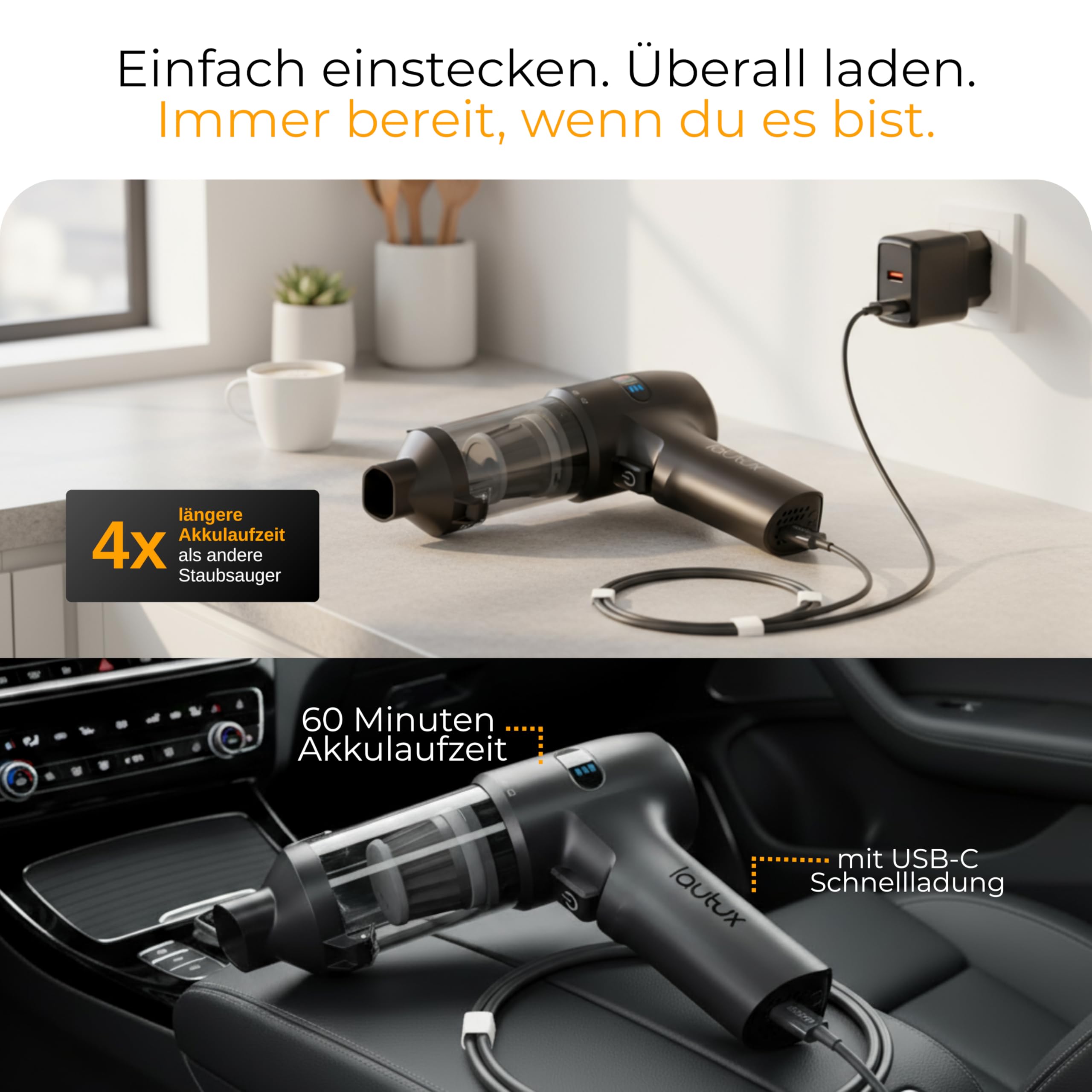 Turbotastic Pro 2 Handstaubsauger – 120W, 18.000Pa, bis 60 Min Laufzeit, HEPA-Filter, LED-Display, 4-in-1 Düsen (Auto, Tierhaare, Polster, Aufpumpen, Vakuumieren) (Nachtschwarz, Starter Set)