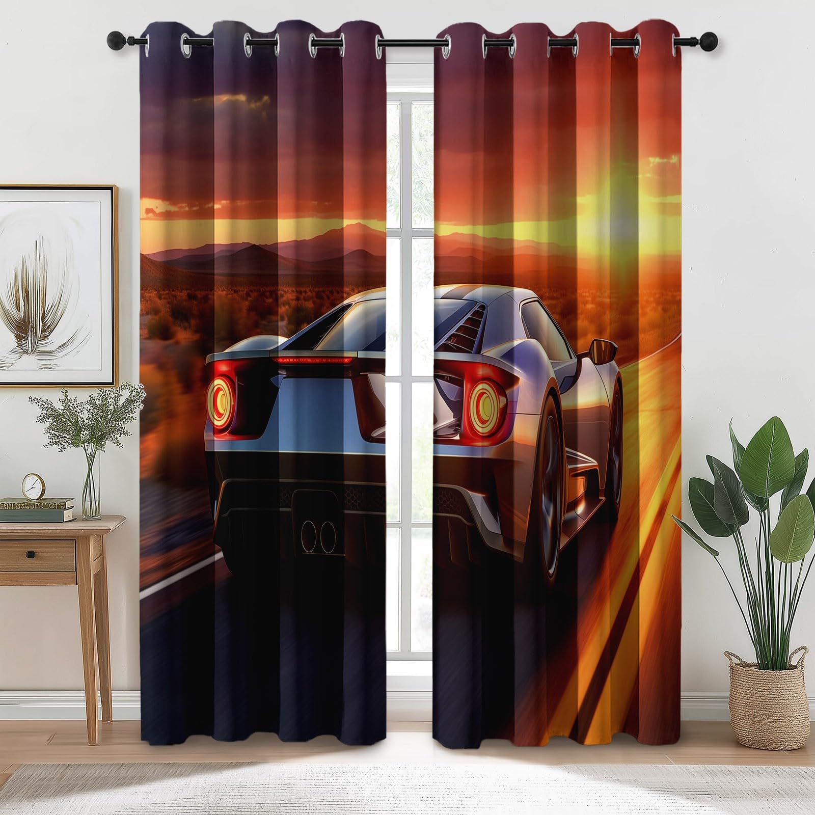 Orange Color Blackout Curtains for Bedroom, Cartoon road sports car Patterned Eyelet Thermal Insulated Curtains, 66x72 inches (W x L) 2 Panels Window Treatment Set for Living Room Kids Room