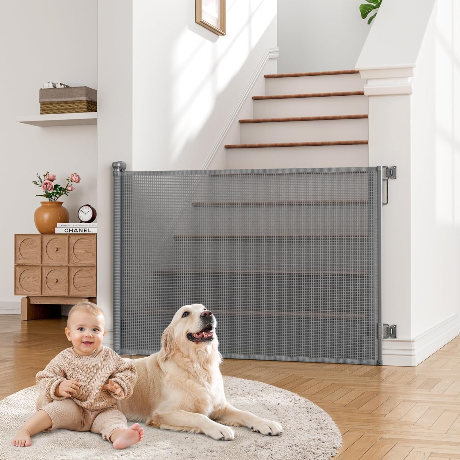 Babepai Retractable Baby Gates Extra Wide | 55" Wide x 38" Tall Dog Gates for Stairs | Indoor/Outdoor Use | Child Gates for Doorways, Deck, Porch, Hallways, Patio - Gray - Amazon product rated Grade B