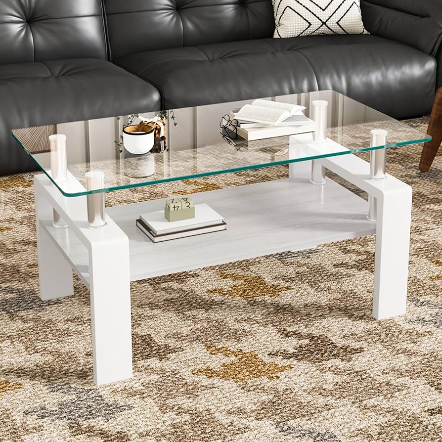 長方形コーヒーテーブル リビング用 強化ガラス天板 ローテーブル