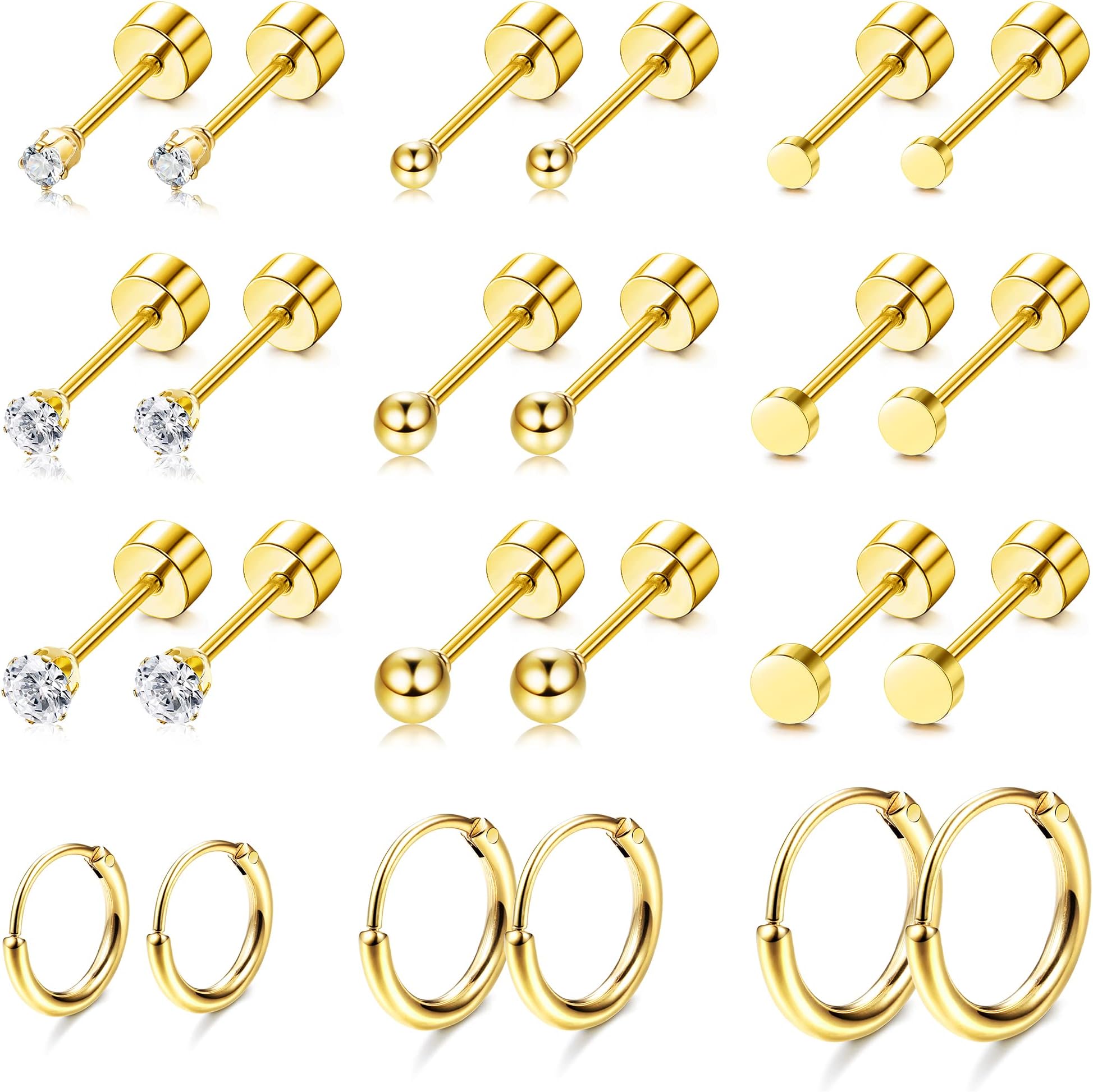Small Tiny Stud Flat Back Earring Hypoallergenic Gold Studs 14K Surgical Steel Earring Sets for Multiple Piercing Cartilage Hoop Earrings