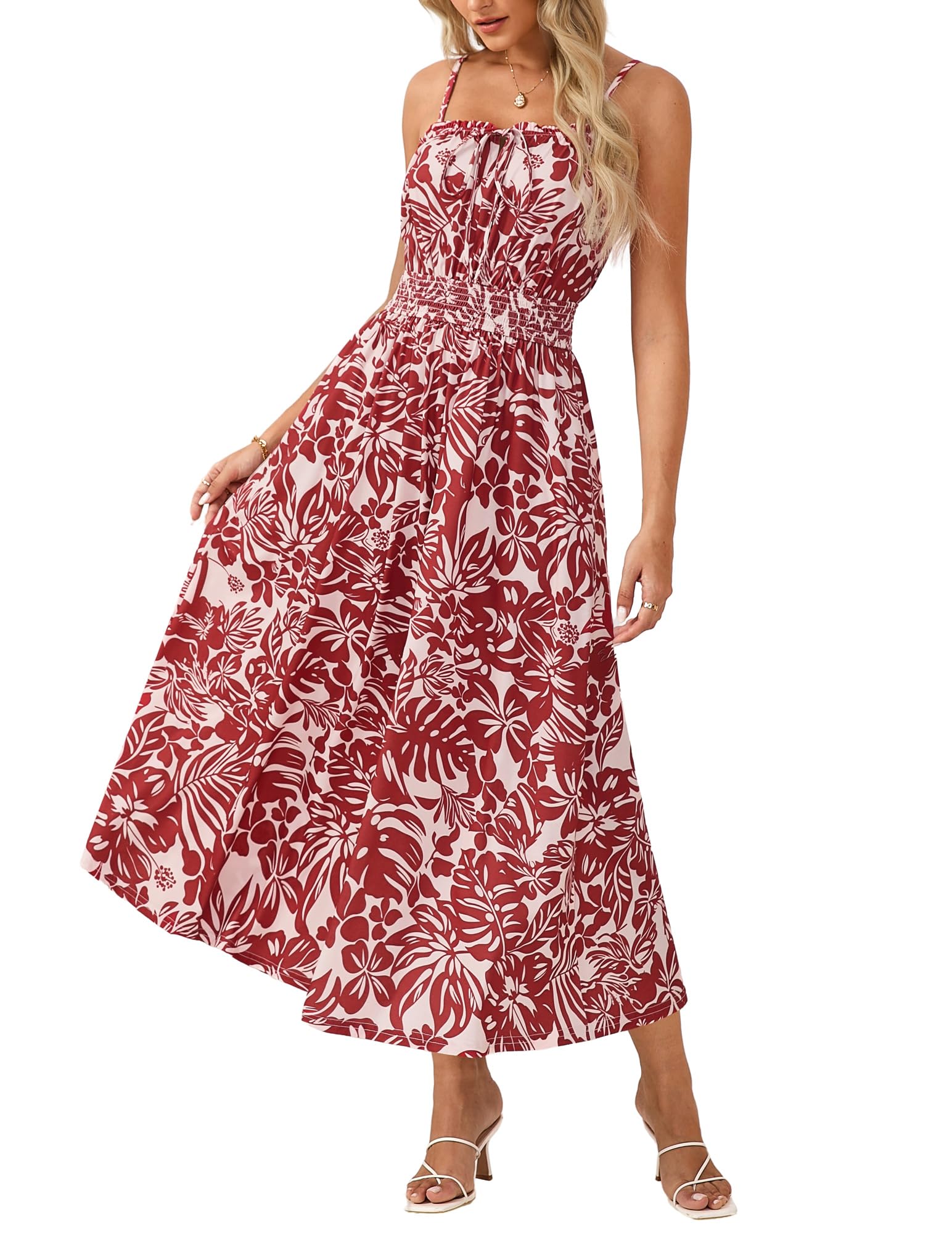 GRACE KARIN Damen Boho-Blumenkleid Lässiges Ärmelloses Maxikleid mit Spaghettiträgern Falten und lockerer A-Linien Strandkleid Festliches Kleid mit Taschen