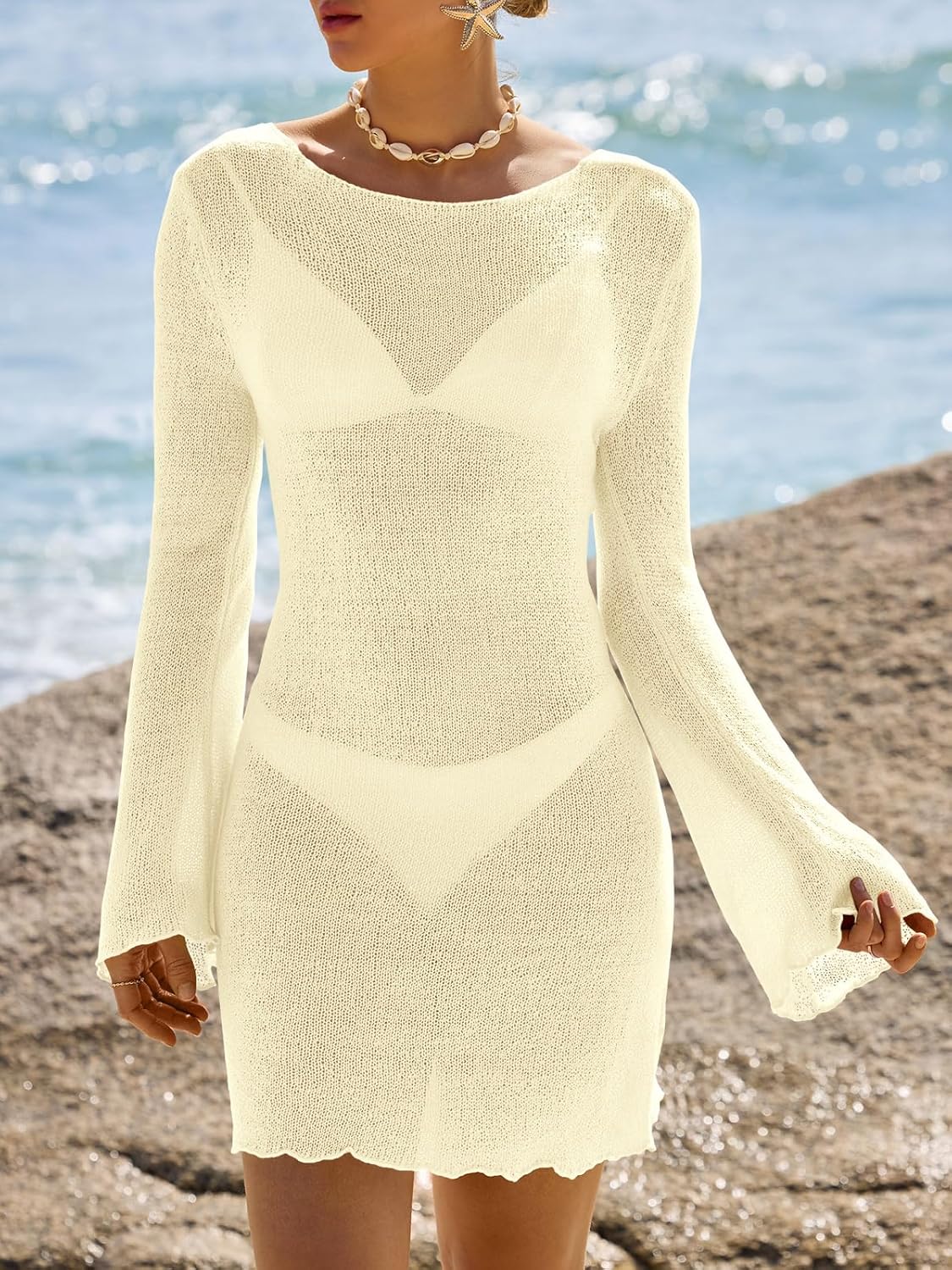 Saodimallsu Womens Swimsuit Cover Up Long Sleeve Sheer Mesh Knit Mini Dress Backless Tie Summer Beach Vacation Outfits - Image 3