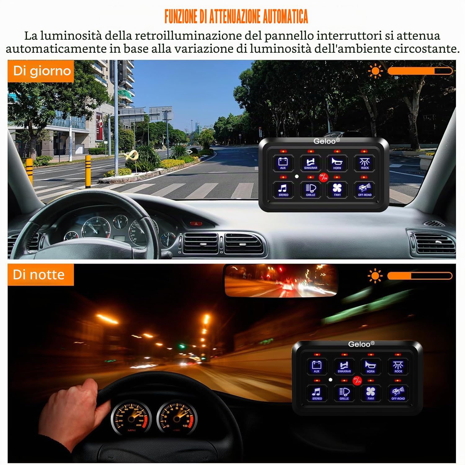 Geloo Pannello interruttore 8 Gang, 12 V/24 V Sistema di Controllo del Circuito Universale Touch Switch Box sette colori Regolabile per auto, camion, camper, barca, SUV