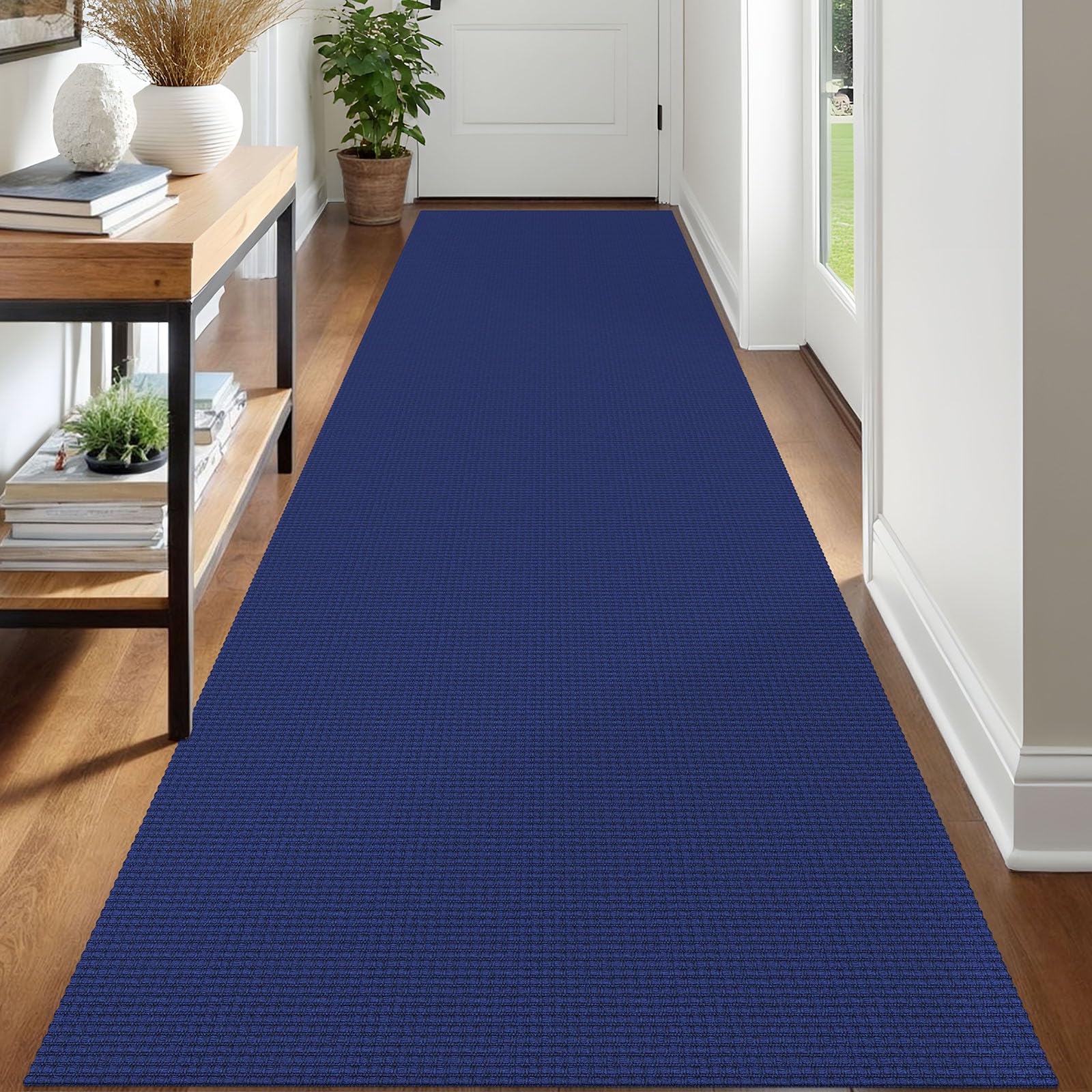 IOHOUZE Washable Runner Rug 3x12 Non Slip Rubber Backed Extra Long Hallway Runner Entryway Runner Indoor, Kitchen Rugs Woven Cotton Floor Carpet for Hall Entrance, Royal Blue/Navy