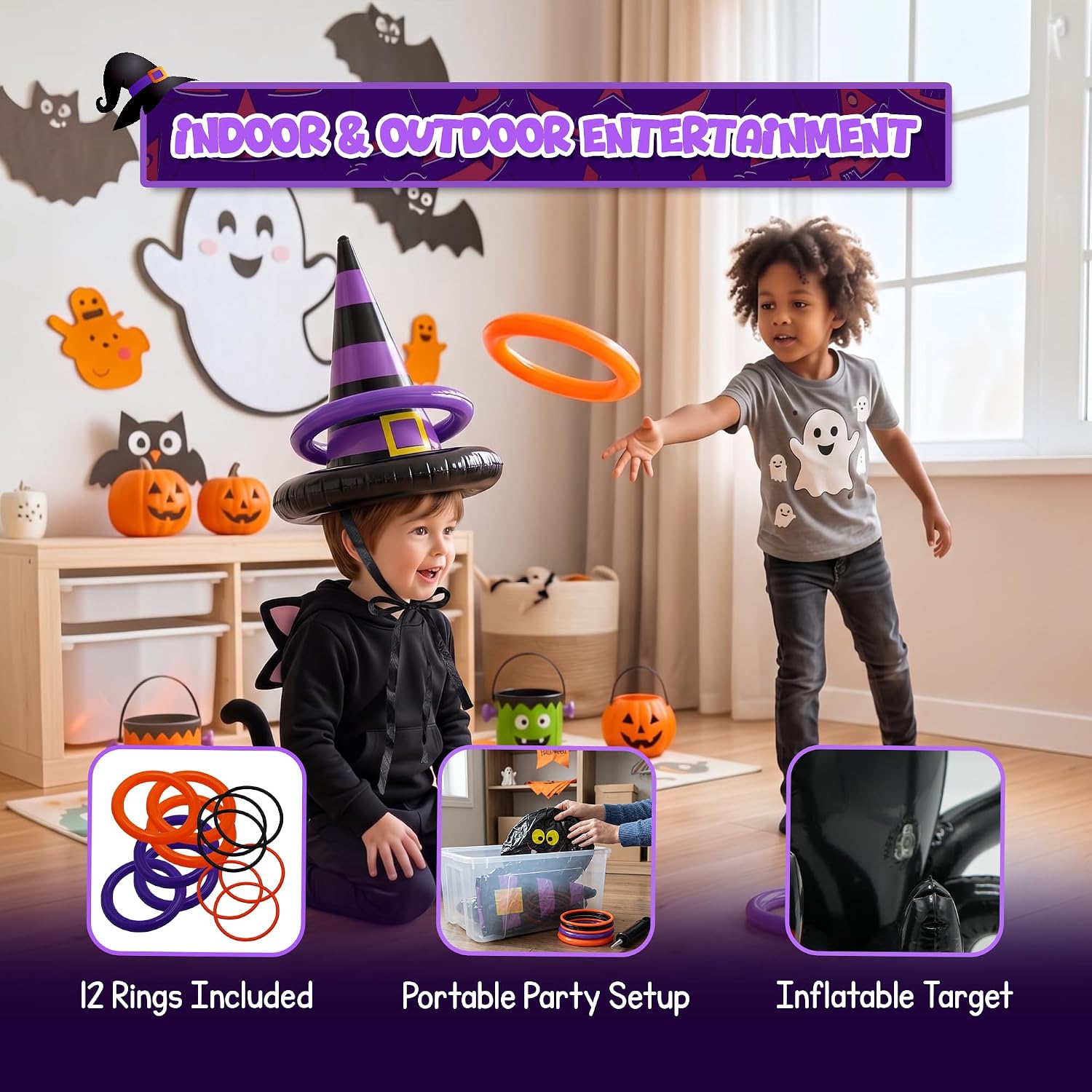 4E's Novelty Halloween Ring Toss Game with Inflatable Spider & Witch Hat - 2 Pack Set Game Combo for Halloween Party Game Activity Indoor Outdoor Fall Carnival Game