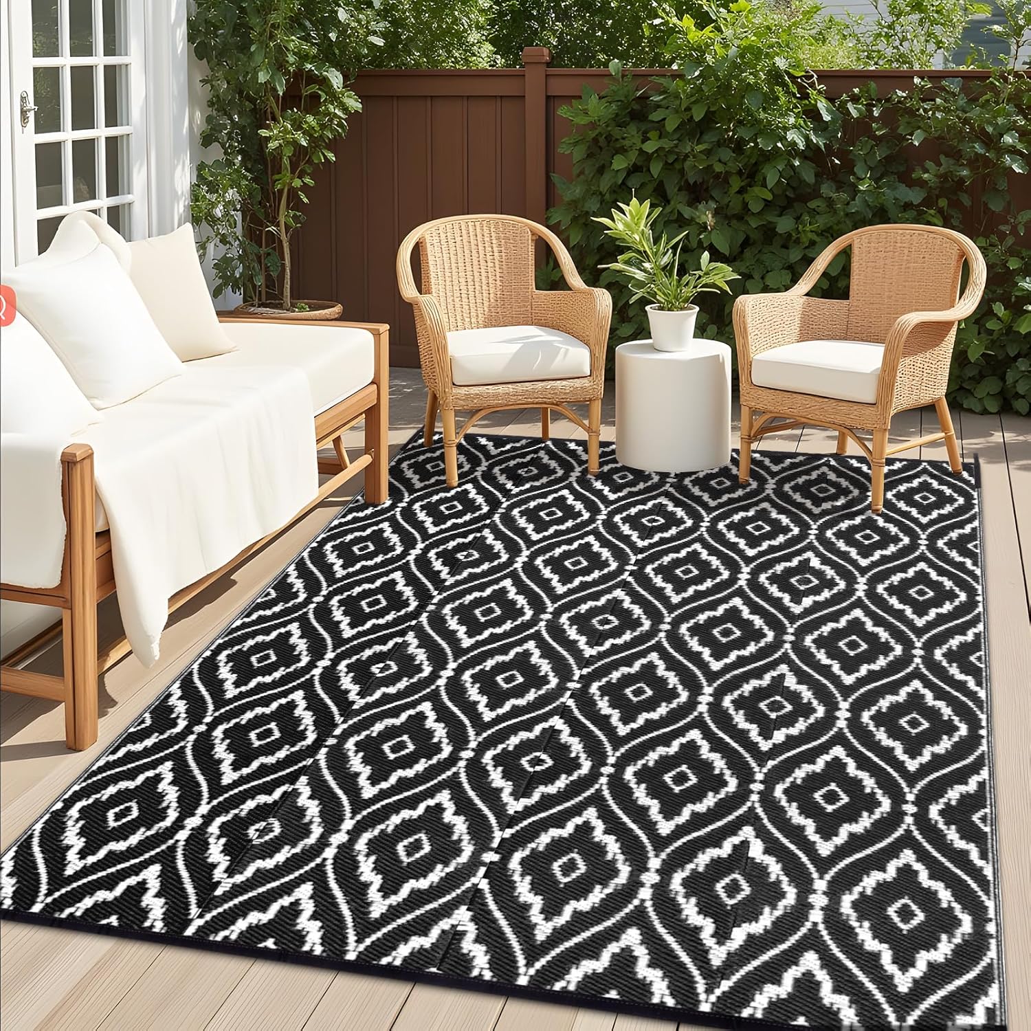 OLANLY Outdoor Rug 8x10 ft Waterproof, Outdoor Plastic Straw Rug with Geometric Pattern Clearance, Reversible RV Mat for Patio, Camping, Balcony, Deck, Backyard, Black & White 8' x 10' Black & White
