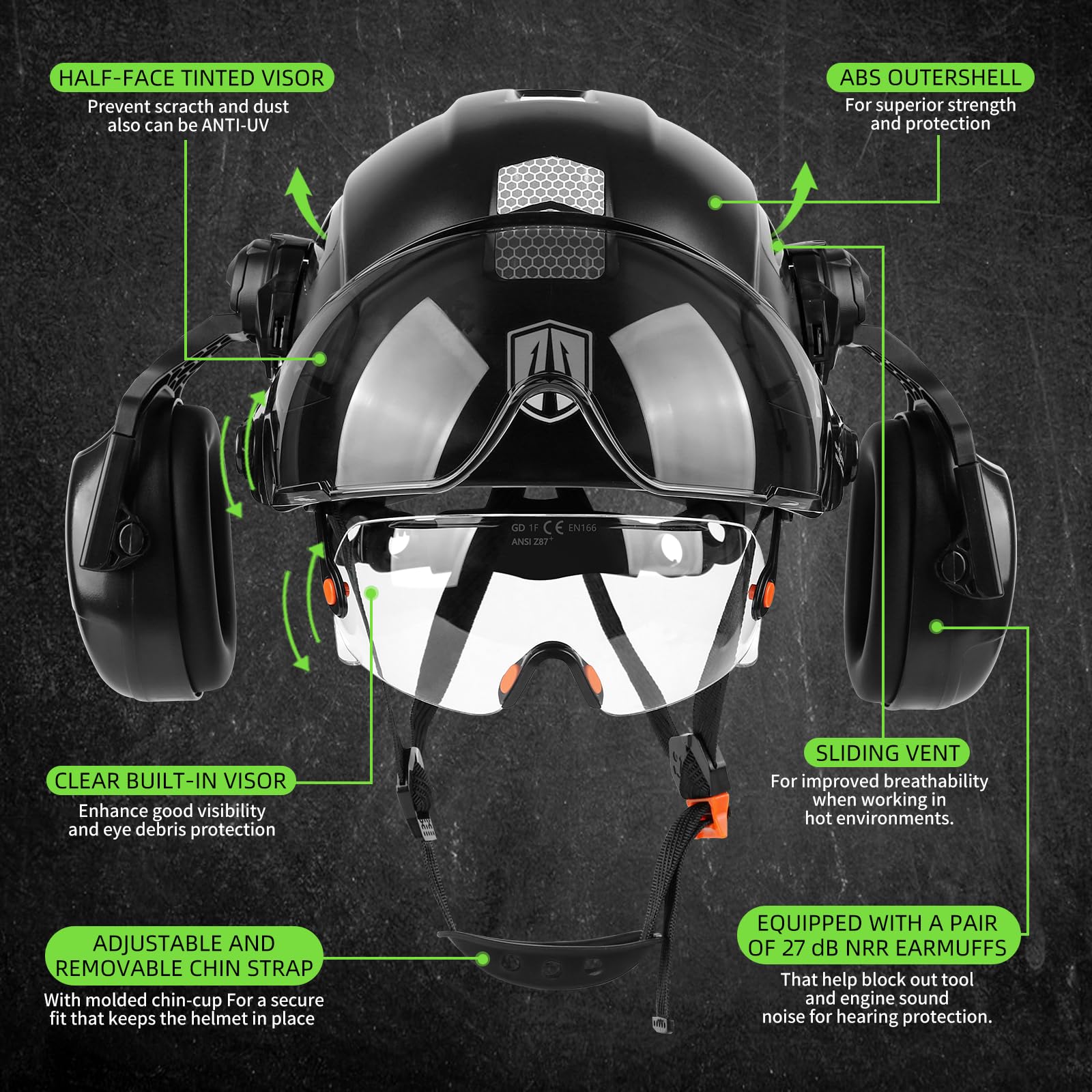 GREEN DEVIL Hard Hat Safety Helmet with Visor and Ear Muffs Men