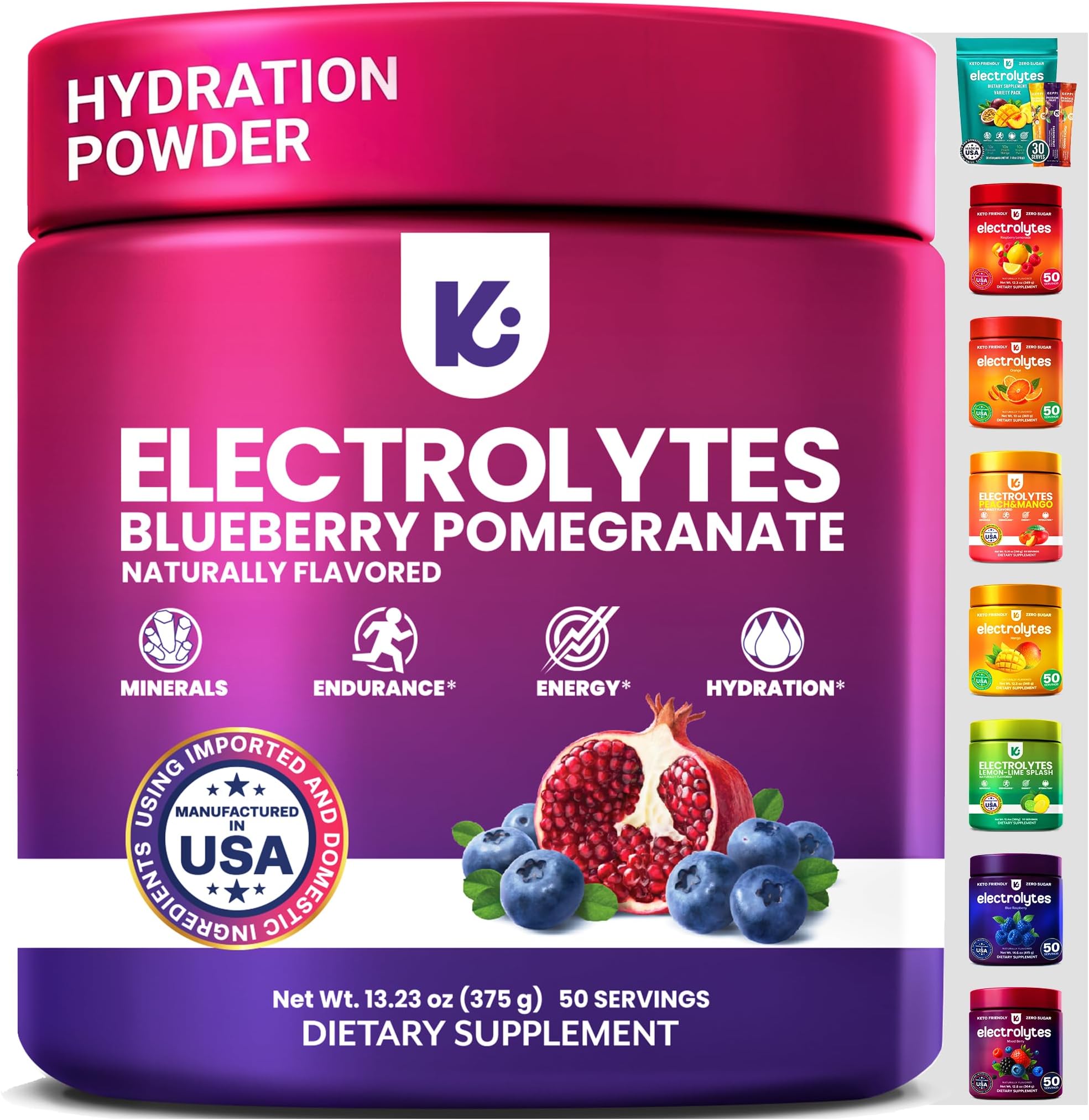 Electrolytes Powder โ Blueberry Pomegranate Flavor 50 Servings โ No Sugar Hydration Supplement with Potassium, Magnesium, Sodium โ Keto, Vegan, Fasting-Friendly, Zero Calorie Electrolyte Drink
