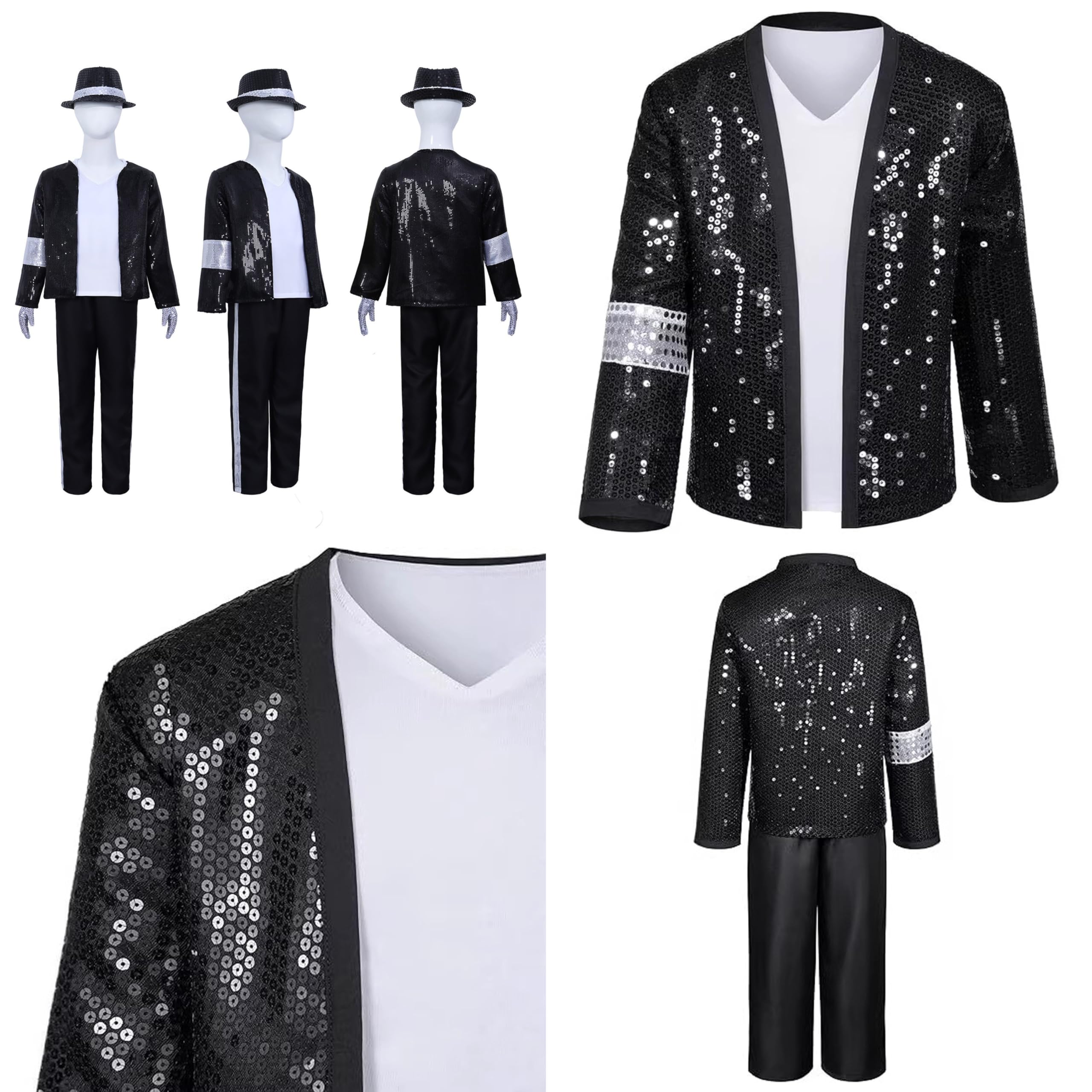Costume Pop Star Anni '80 '90 per Bambini Ragazzi 4-10 Anni, Set 6 Pezzi con Giacca Nera con Paillettes, Pantaloni, Cappello, Guanto – Spettacoli Halloween, Gli Anni in Bianco E Nero Cosplay