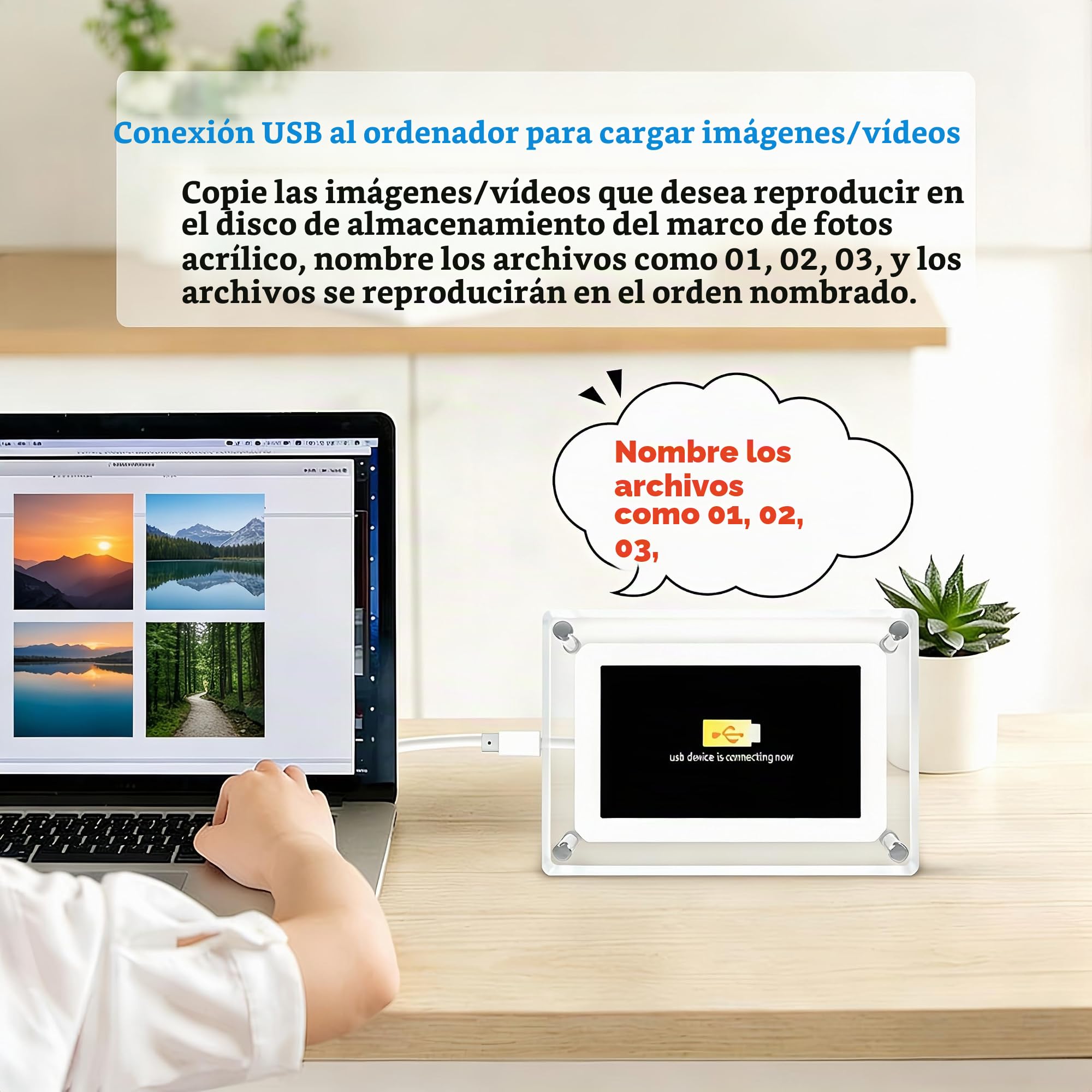 Marco de fotos digital acrílico de 5 pulgadas, memoria 4G, marco de fotos electrónico, rotación automática de 360°, USB-C, marco digital y marco de imagen digital.