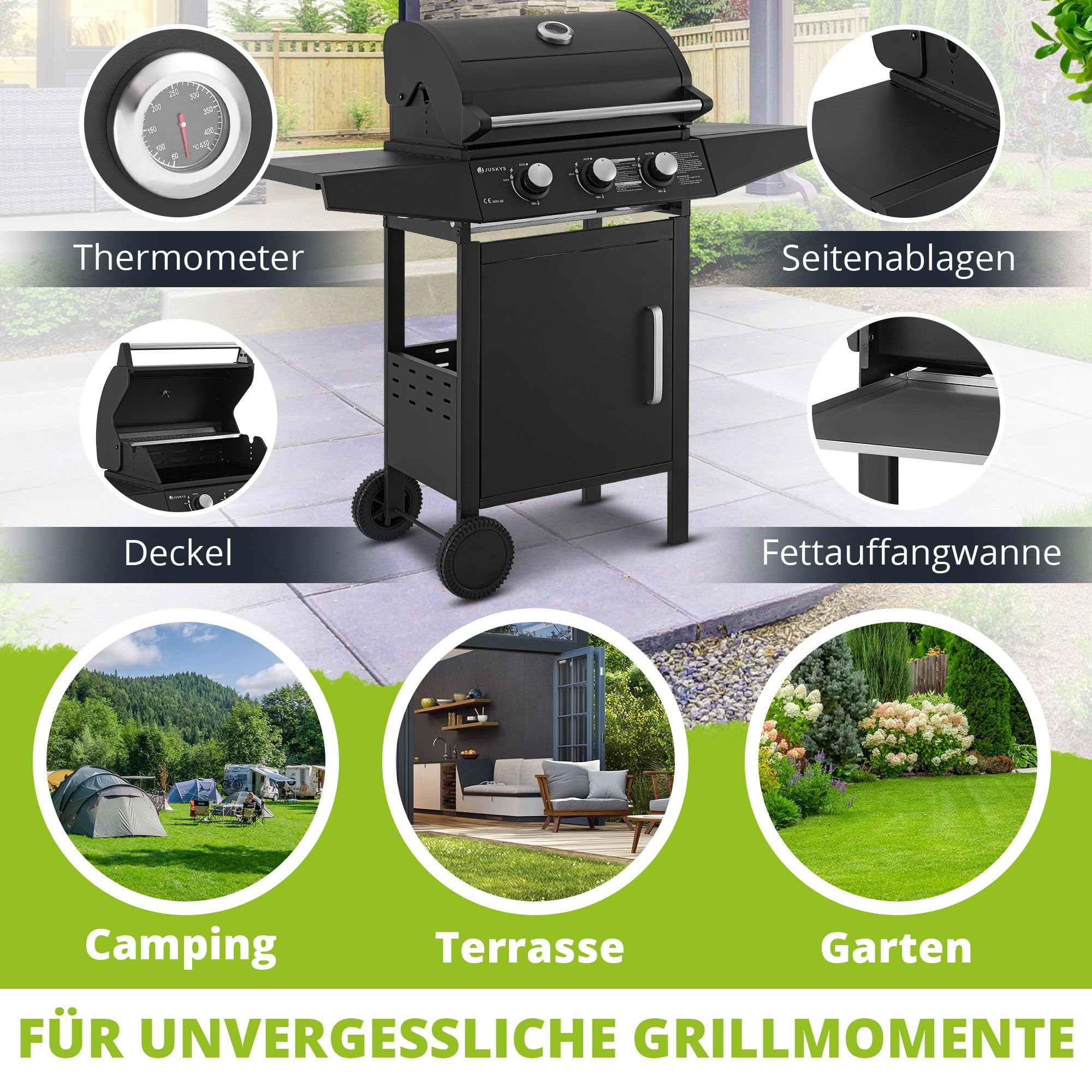 Juskys Gasgrill Louisiana 3 Brenner 8,1 kW – BBQ Grillwagen mit Deckel, Grillrost & Warmhalterost, Grill mit Thermometer, Seitenablagen & Abdeckplane