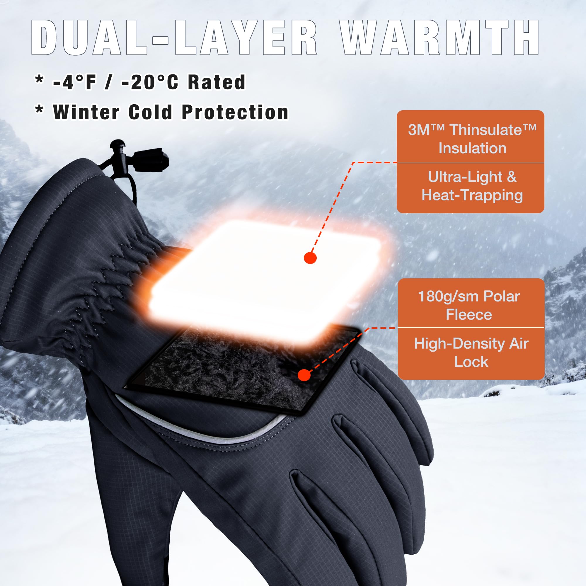 Origem Guanti Invernali Termici Uomo Donna, 3M Thinsulate Touchscreen Impermeabili Guanti Moto Sci Neve con Riflettenti per Bici Ciclismo Scooter Motocross Calcio Corsa Running sportivi snowboard