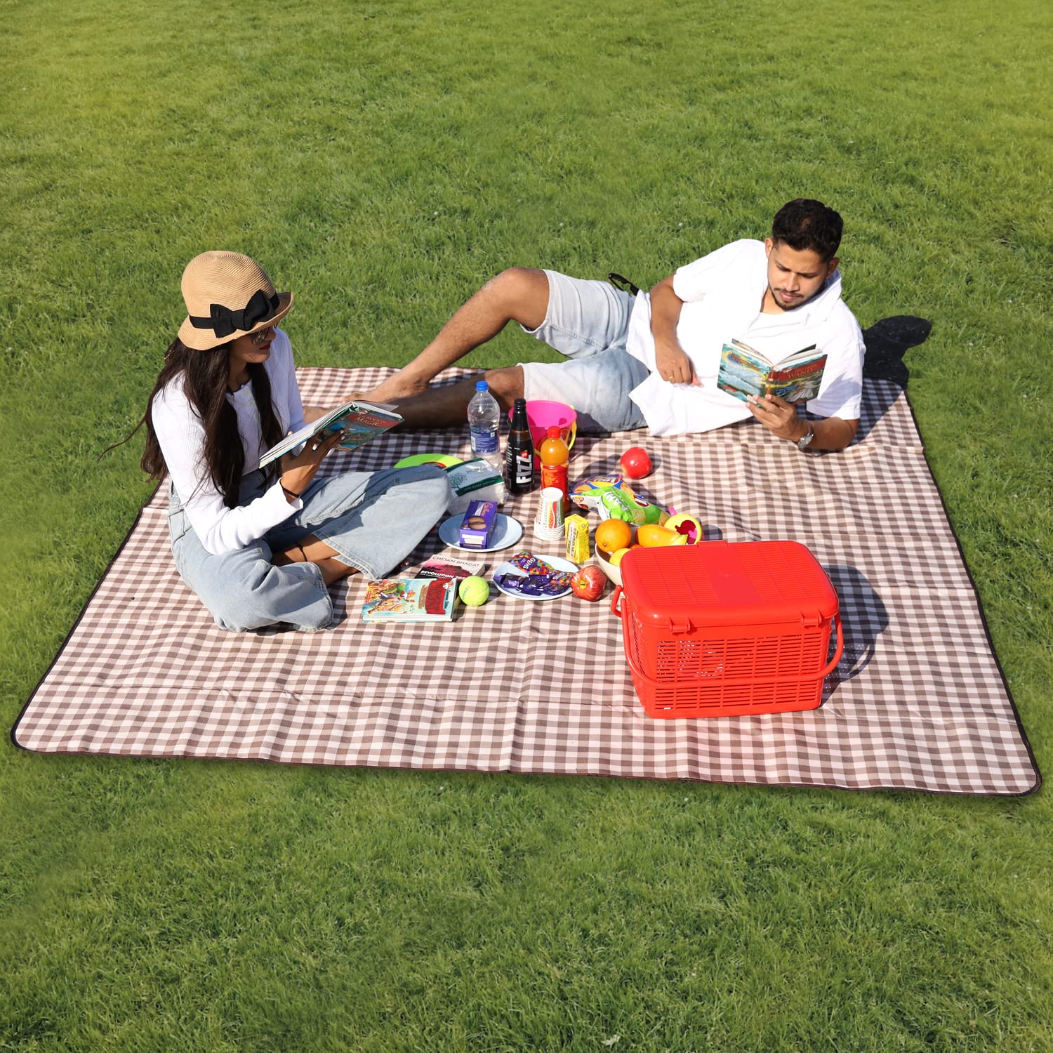 HOKIPO Large Foldable Waterproof And Sandproof Square Picnic Mat Blanket For Beach, Garden, Camping, 6.5X6.5 Feet, Checks Brown (Ar3921)