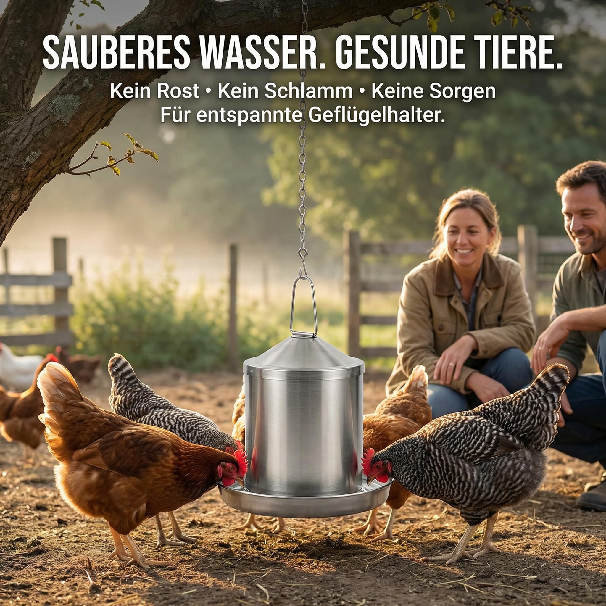 Bebedero para pollos de acero inoxidable, 2 l, bebedero para aves de corral para gallinas | Para codornices y patos, colgantes o de pie, resistente a los rayos UV, a las heladas, fácil de limpiar, fabricado en la UE