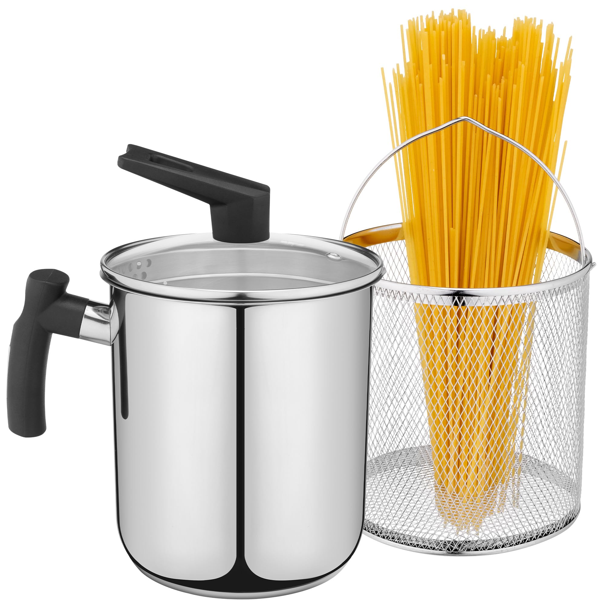 Navaris Pentola per Friggere - Pentola Friggitrice con Cestello in Acciaio Inox - 3,4 L - Cuoci Asparagi Verdure e Pasta Lunga - Spaghettiera con Scolapasta Incorporato