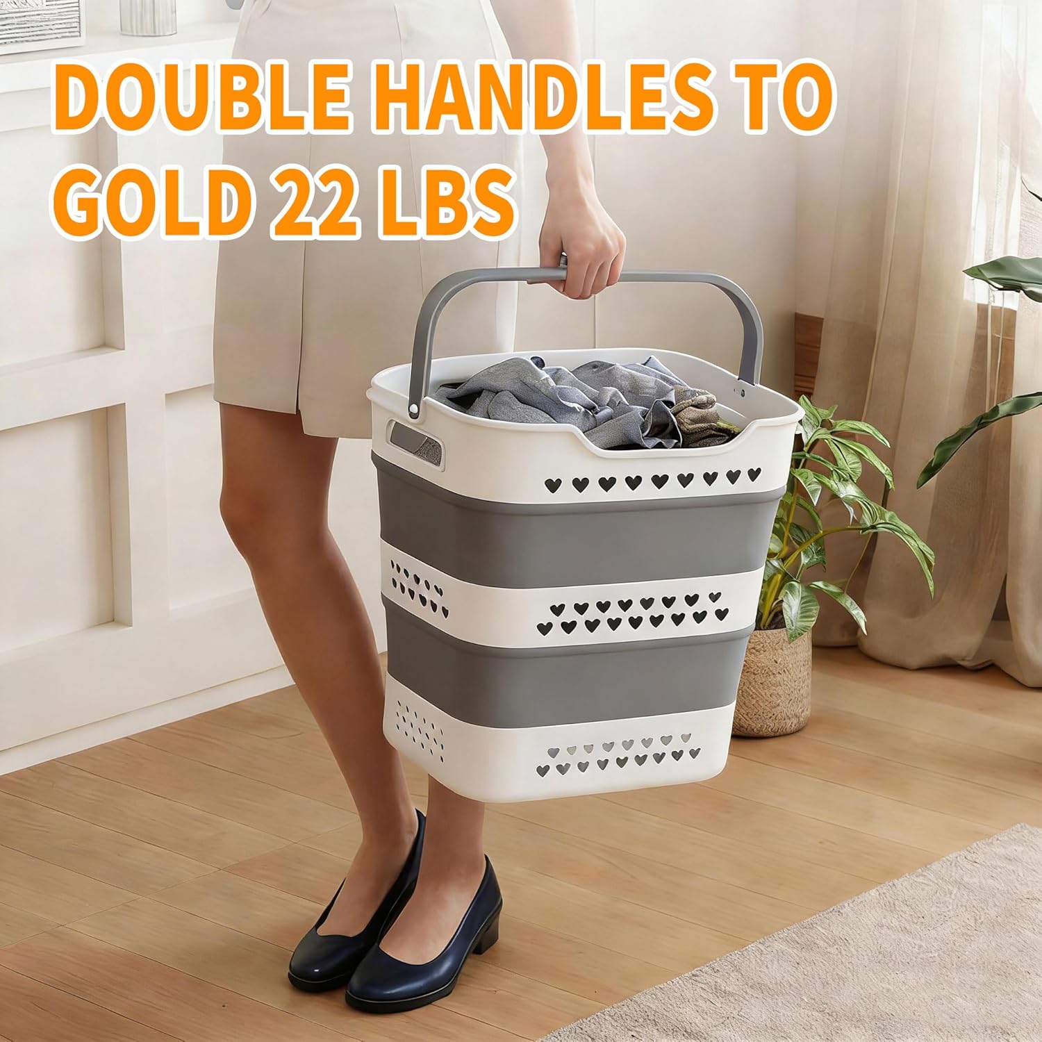 2 Pcs 42L Medium Collapsible Plastic Laundry Basket with Handles, Foldable Laundry Basket Hamper, Pop Up Storage Container Organizer for Washing Storage (Gery, 17 Inch * 13 Inch * 15 Inch)
