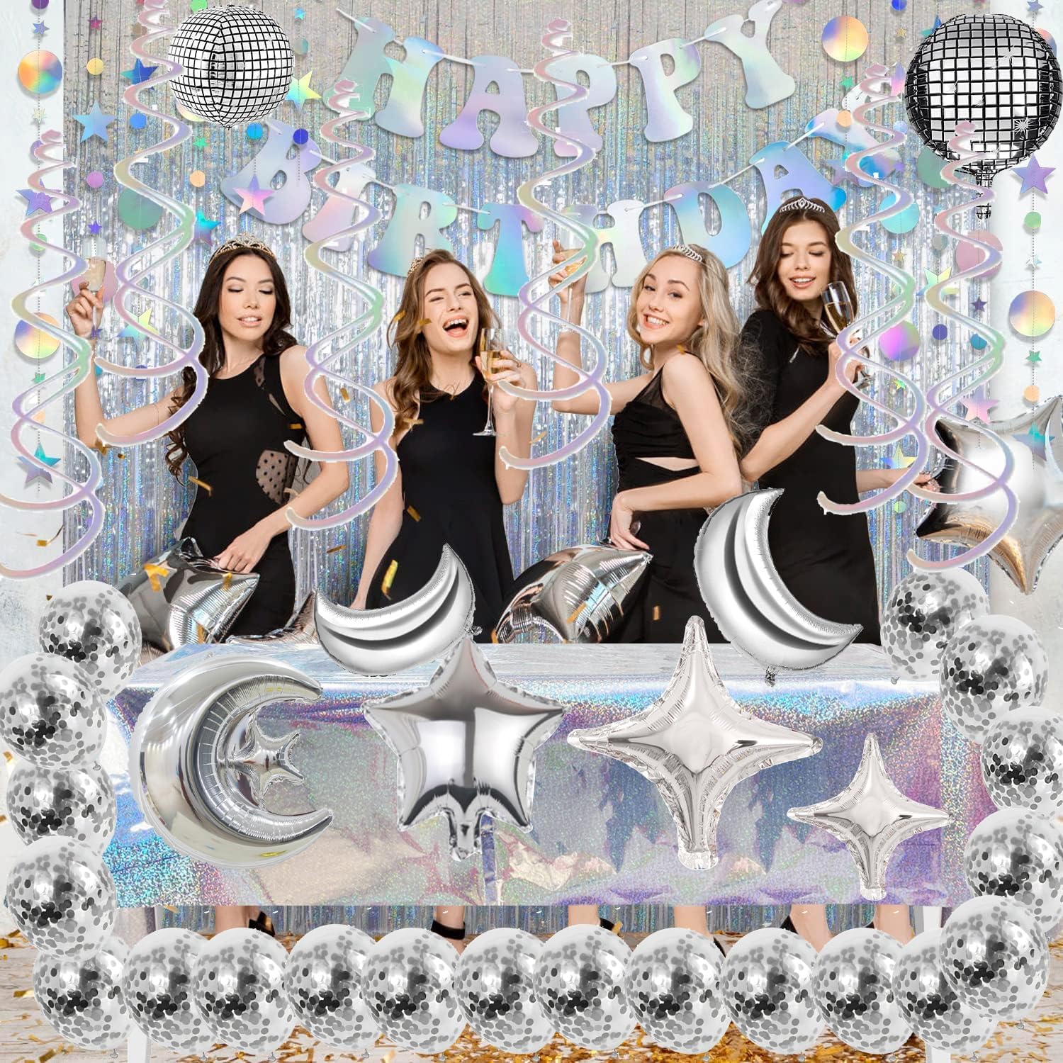 Disco Party Decorations, Iridescent Happy Birthday Banner Cute Foil Birthday Sign Hanging Streamer Balloon for 60s 70s 80s Women Men Cool Retro Boogie Disco Dancing Bachelorette Indoor Home Decor - Image 5