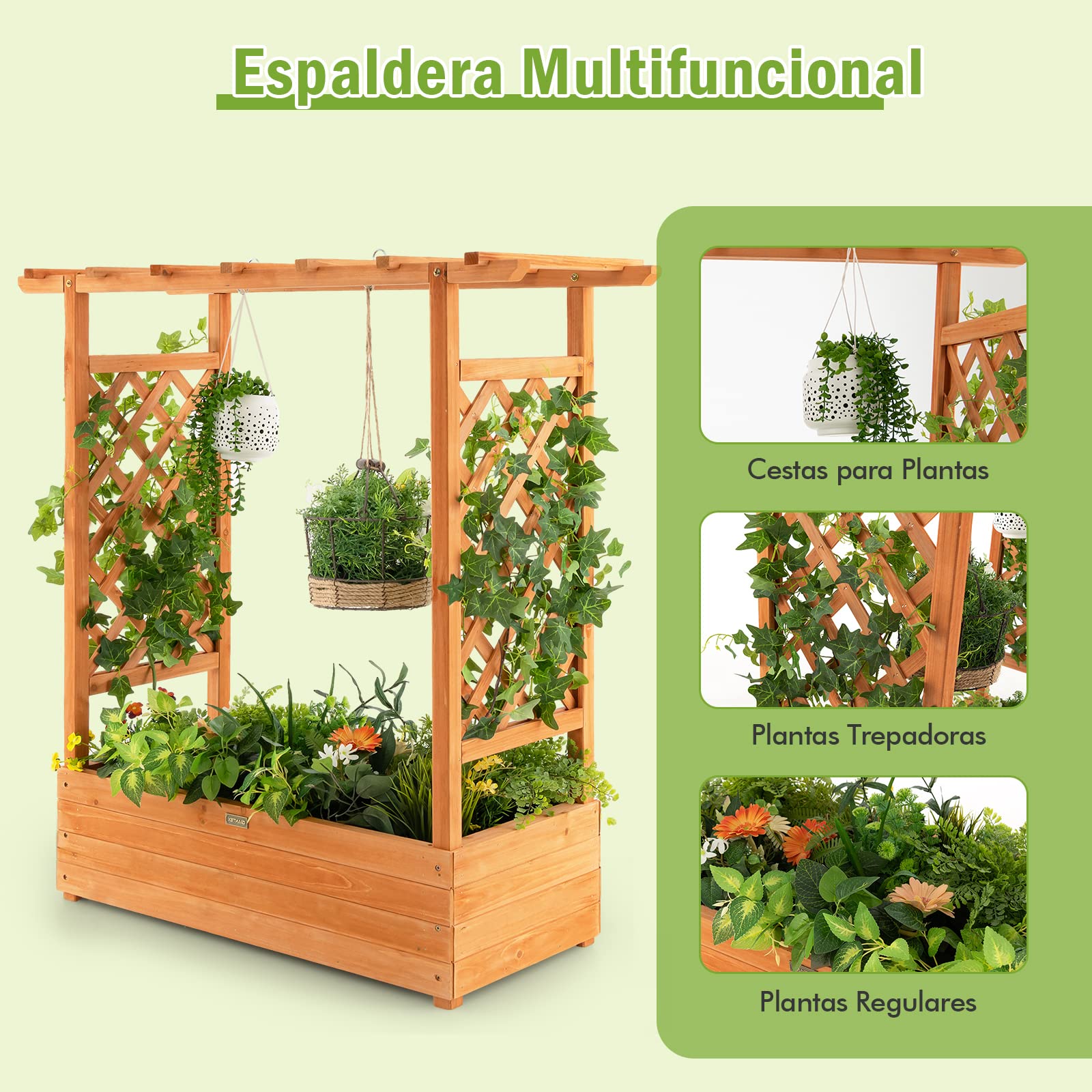 COSTWAY Jardinera Elevado con Enrejado Arqueado, Techo Colgante, Macetero, Orificios de Drenaje, Contenedor Vertical de Plantas para Plantas, Macetero de Madera Interior Exterior para Jardín Patio