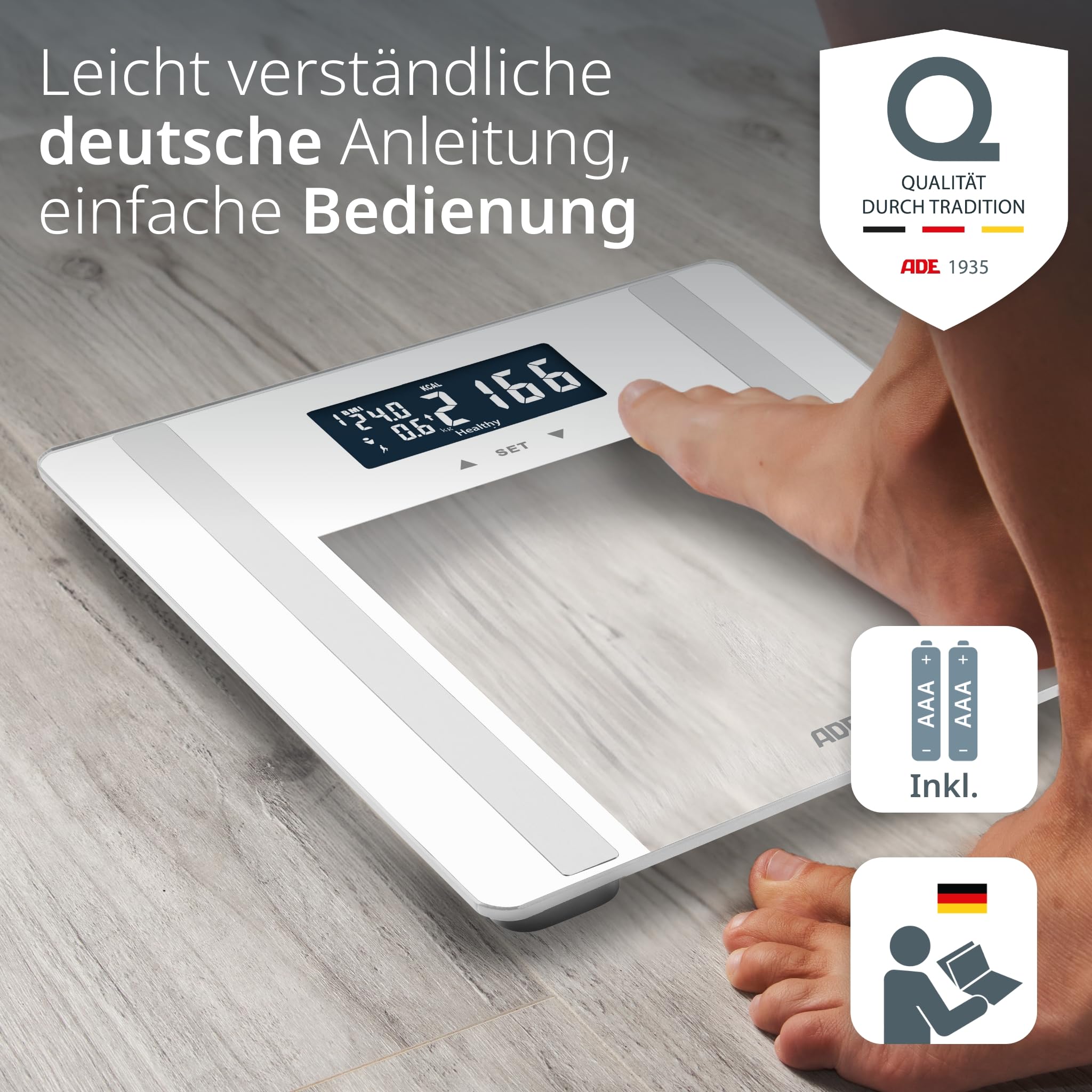 ADE Digitale Körperfettwaage Ines bis 200 kg | Testsieger 2024 | Personenwaage mit Körperfettanalyse, BMI, Muskelmasse, Körperwasser, Gewicht, BMR | Körperwaage mit Benutzererkennung | weiß
