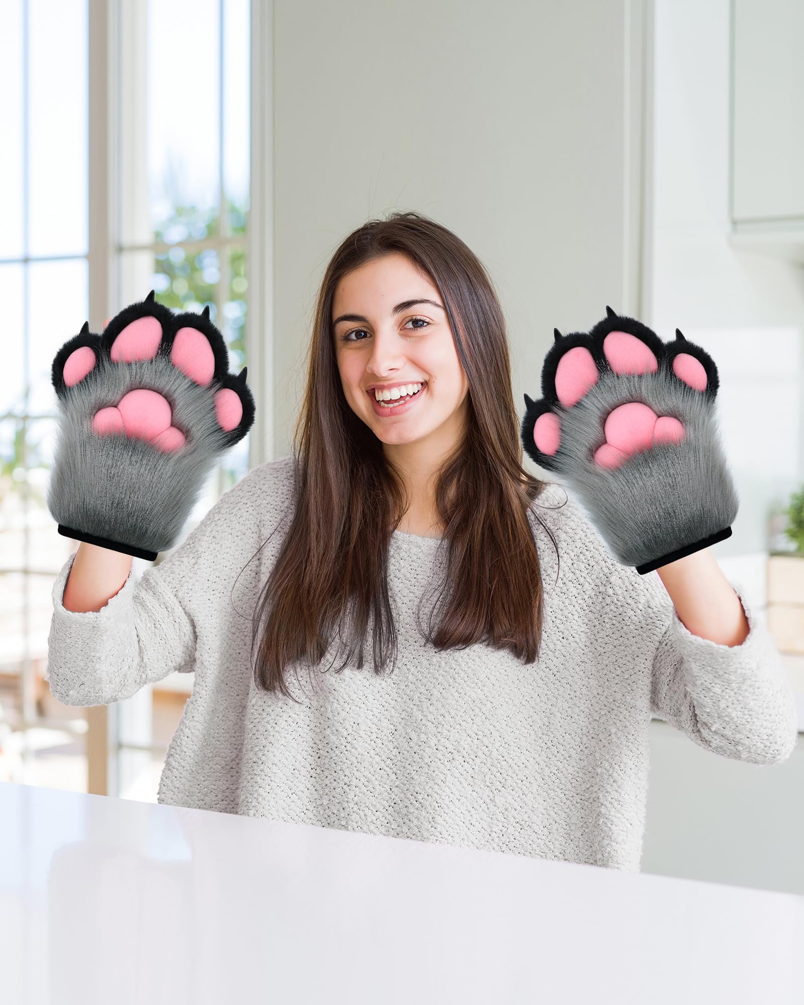 BNLIDES Cosplay Fursuit Paw Gloves Furry Claw Gloves Built-in Whistle Decompression Toys Costume Party Accessories for Adult: Grey-black