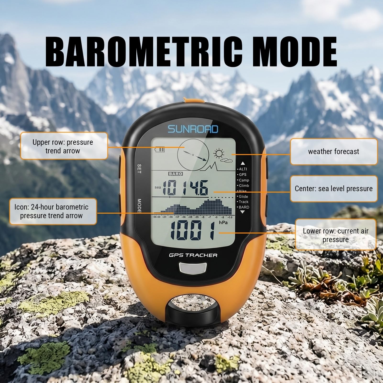 Misuratore GPS, barometro GPS, 100 × 66 × 20 mm, IPX4, impermeabile, multifunzione, con sensore ad alta precisione, torcia LED