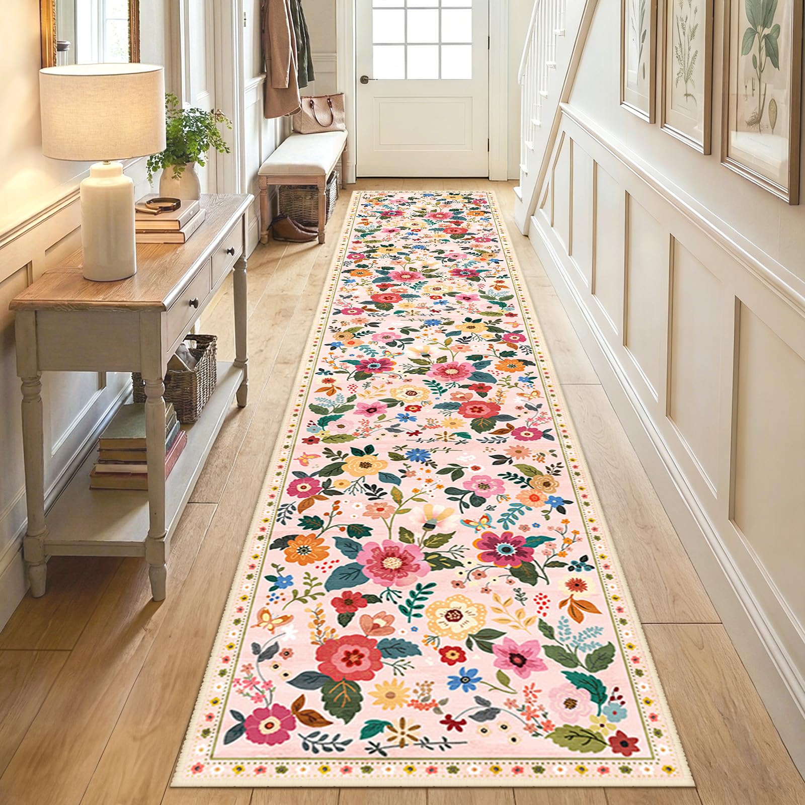 DEFYNEE Waschbarer Teppich Wohnzimmer, Boho Vintage Blumenmuster Teppich, Rutschfester Kurzflor Carpet für Wohnzimmer, Schlafzimmer, Esszimmer
