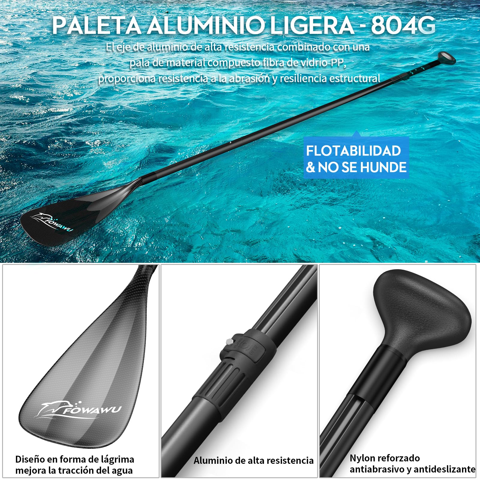 FOWAWU 3-Parte Remo Paddle Surf Aluminio Pala Sup Paddle Telescopic 160cm–210cm para Tabla de Surf Canoa Sup, Ligero y Resistente 1.77 lbs(804g)