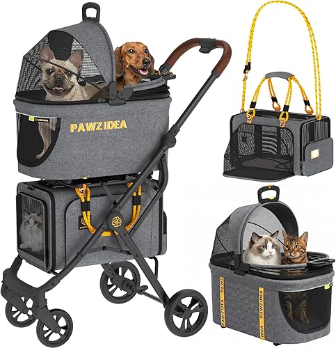 PAWZIDEA Carriola Doble para Mascotas con 2 Portamascotas Desmontables, Jaula Portátil para Perros para Viaje en Auto y Porta Gatos Expandible